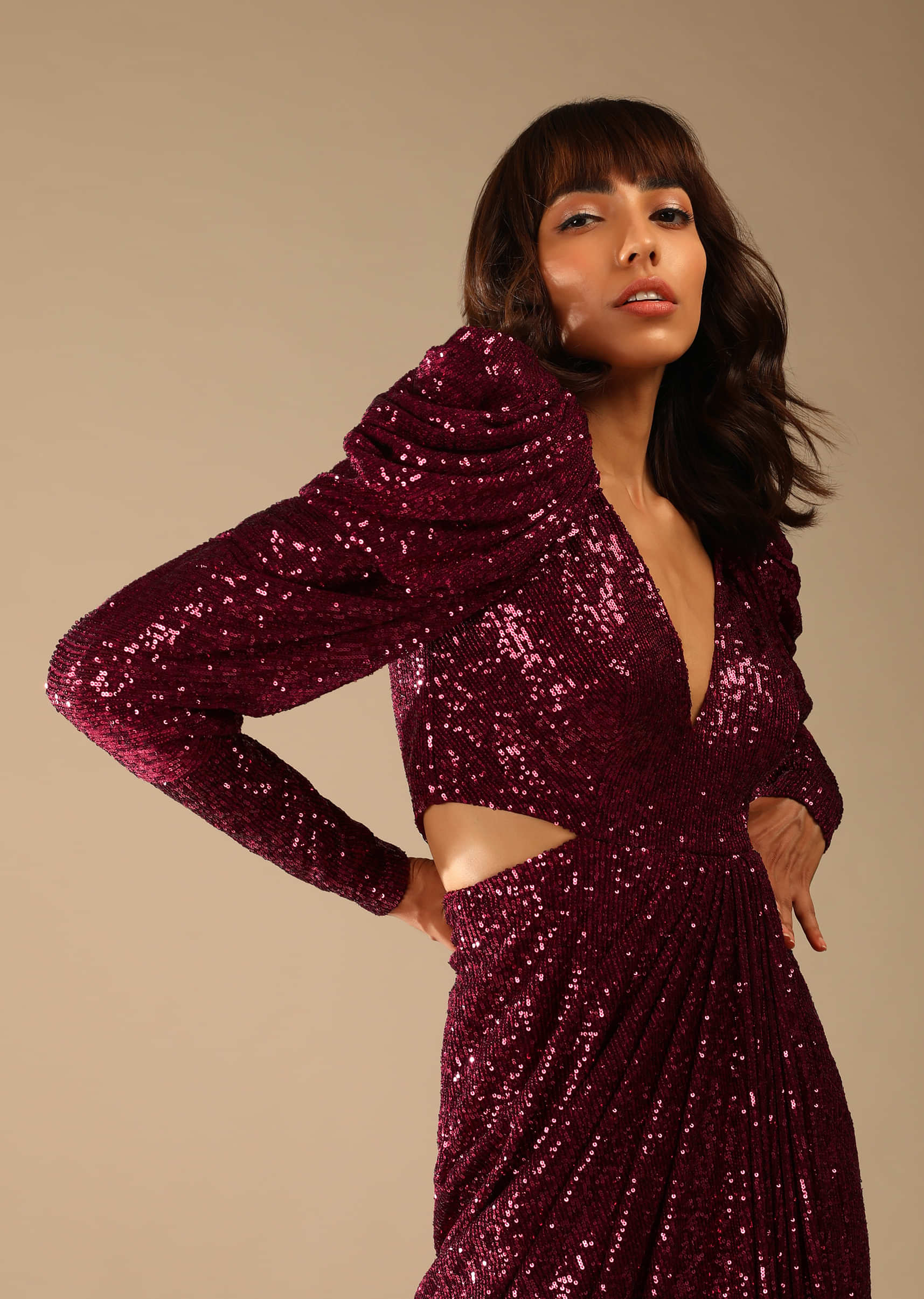 Burgundy Red Gown Embellished In Sequins With Elaborate Puffed Shoulders And Plunging Neckline Online - Kalki Fashion