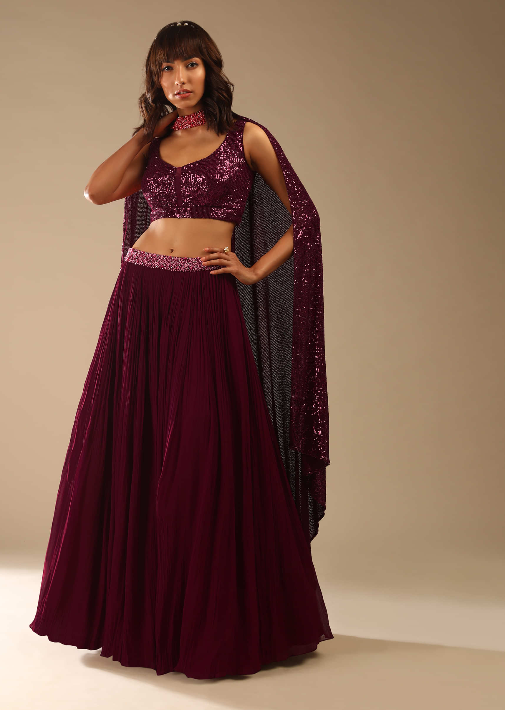 Burgundy Red Lehenga In Georgette With A Sequins Choli And Moti Embellished Choker Dupatta 