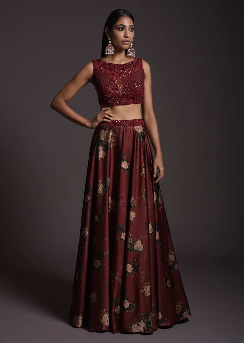 Burgundy Skirt In Satin With Floral Print And Sequins Embellished Crop Top With Illusion Neckline 