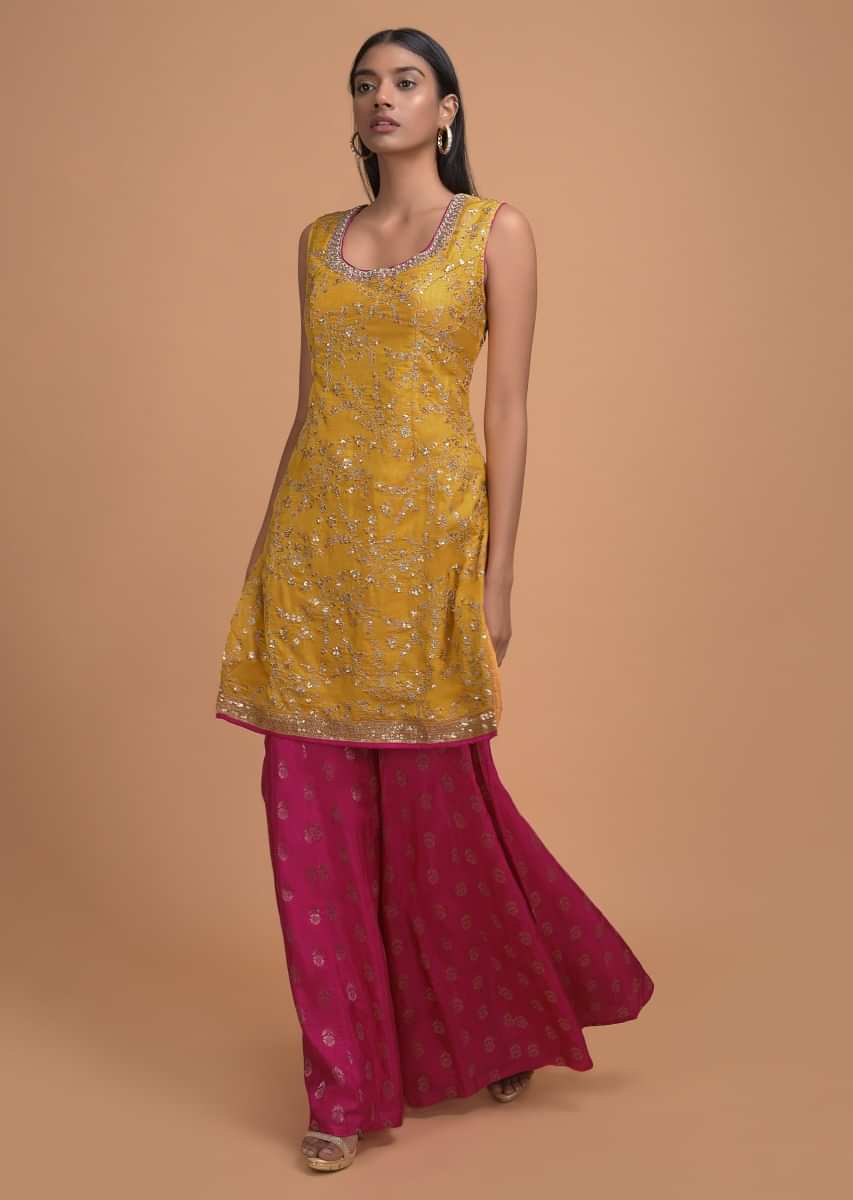 Butter Yellow Palazzo Suit In Cotton Silk With Zari And Sequins Embroidered Floral Jaal 