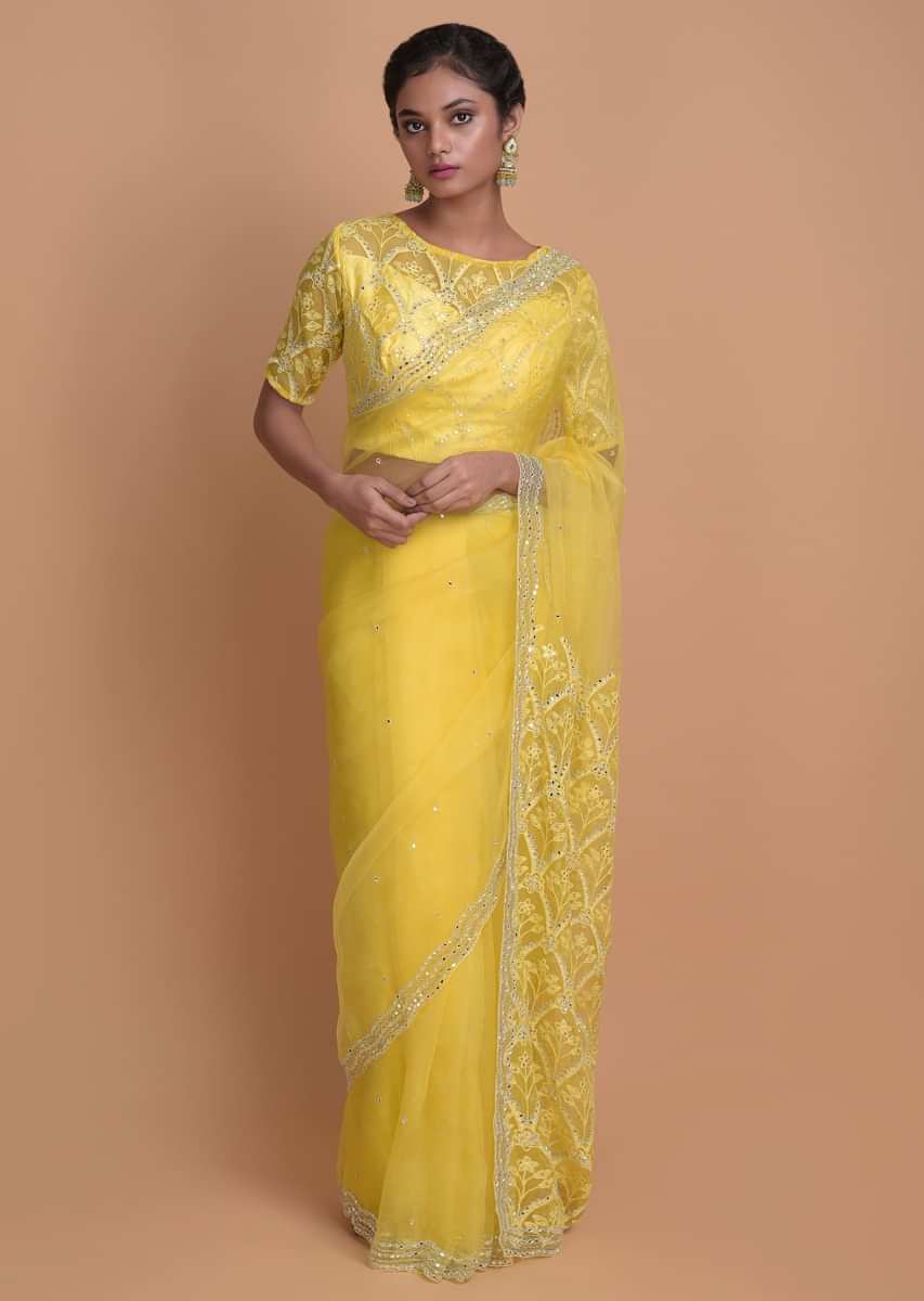 Butter Yellow Saree In Organza With Mirror Work Online - Kalki Fashion