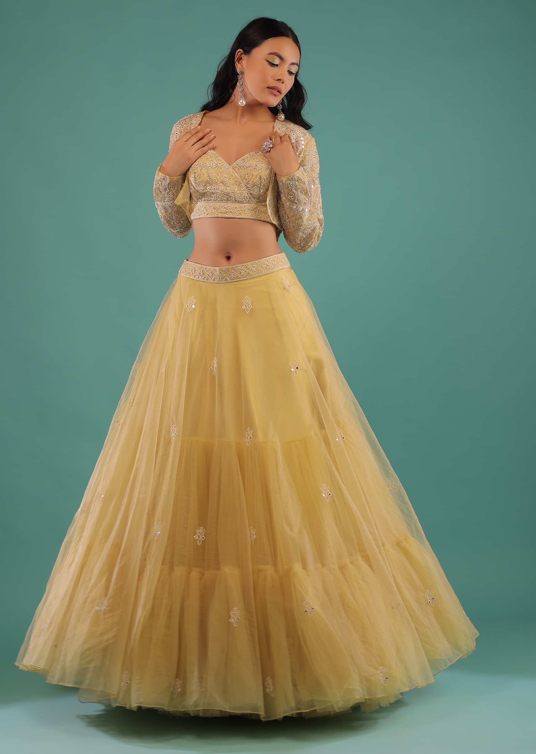 Butter Yellow Lehenga And Crop Top Set With Aari Embroidery And Full Sleeved Jacket