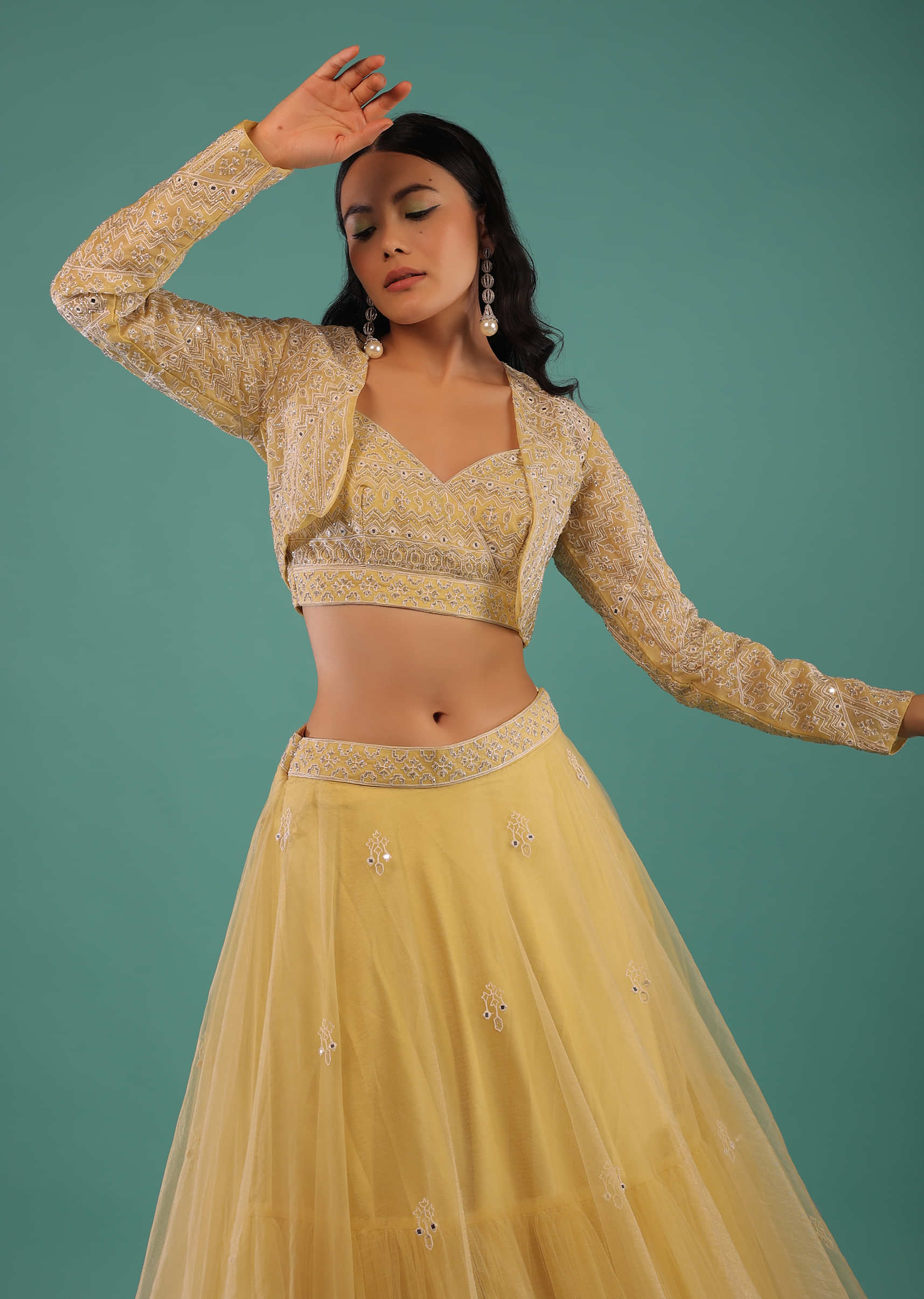Butter Yellow Lehenga And Crop Top Set With Aari Embroidery And Full Sleeved Jacket