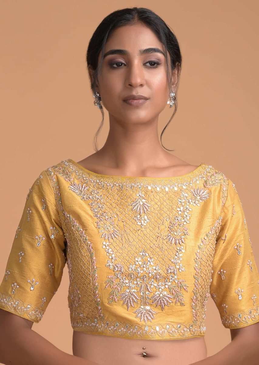 Butterscotch Yellow Saree In Organza Silk With Weaved Pattern And Gotta Work Online - Kalki Fashion