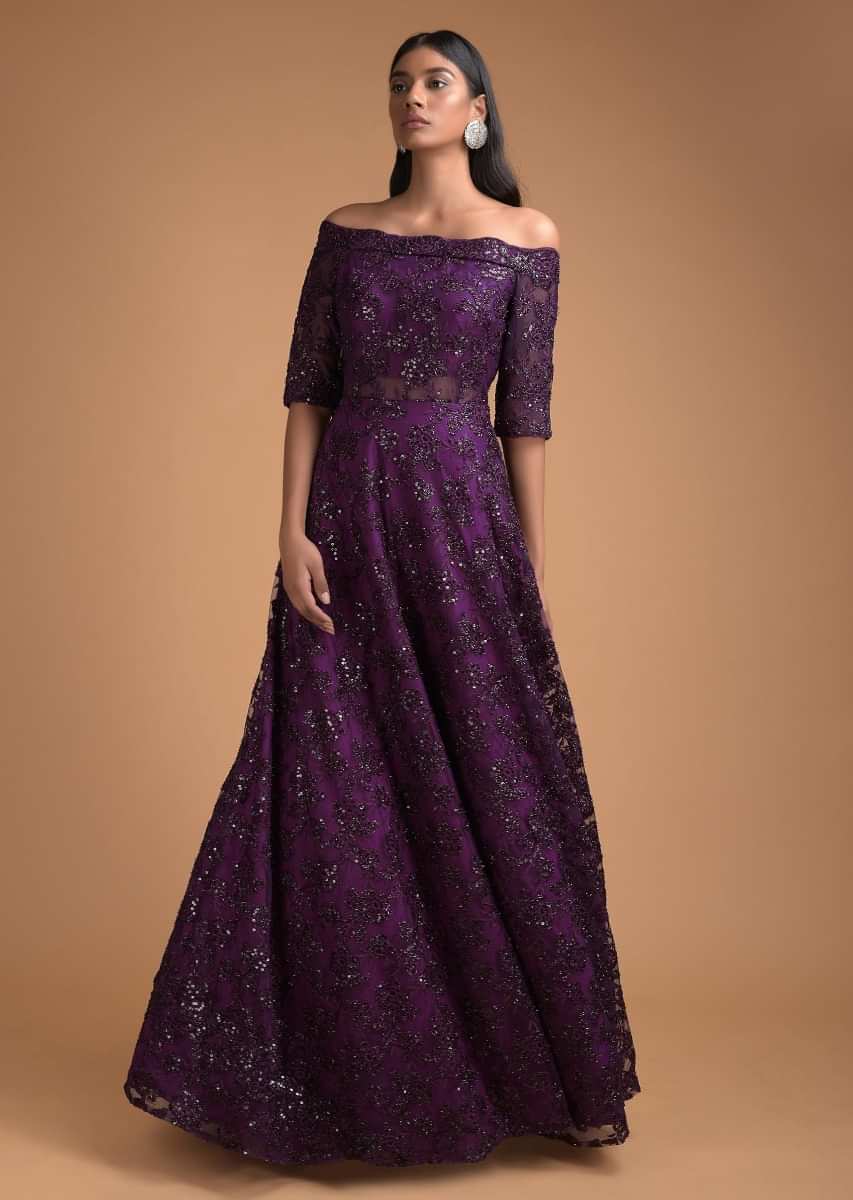 Byzantine Purple Off Shoulder Gown Adorned In Embossed Thread And Sequin Embroidery