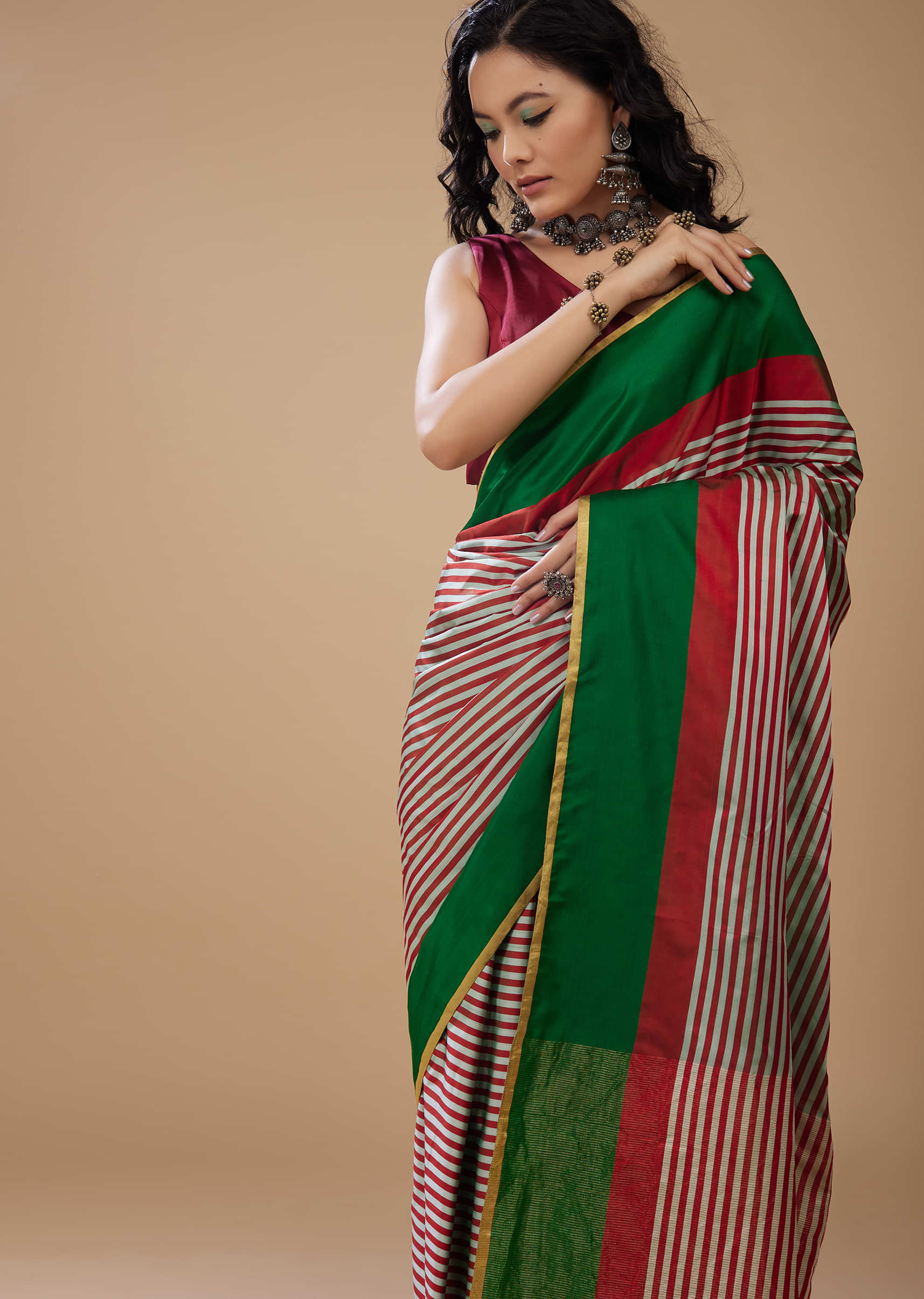 Forest Green Printed Satin Saree With Dual Tone Stripes