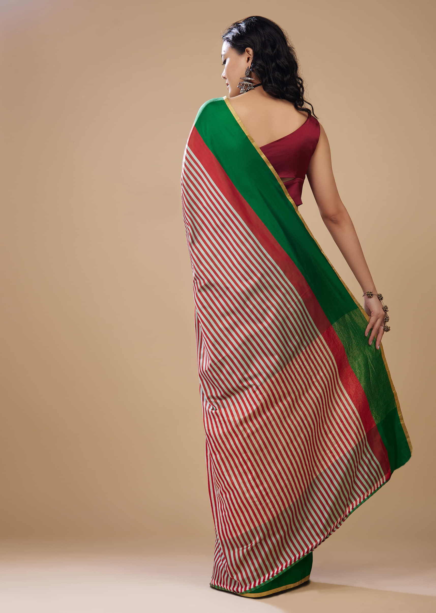 Forest Green Printed Satin Saree With Dual Tone Stripes