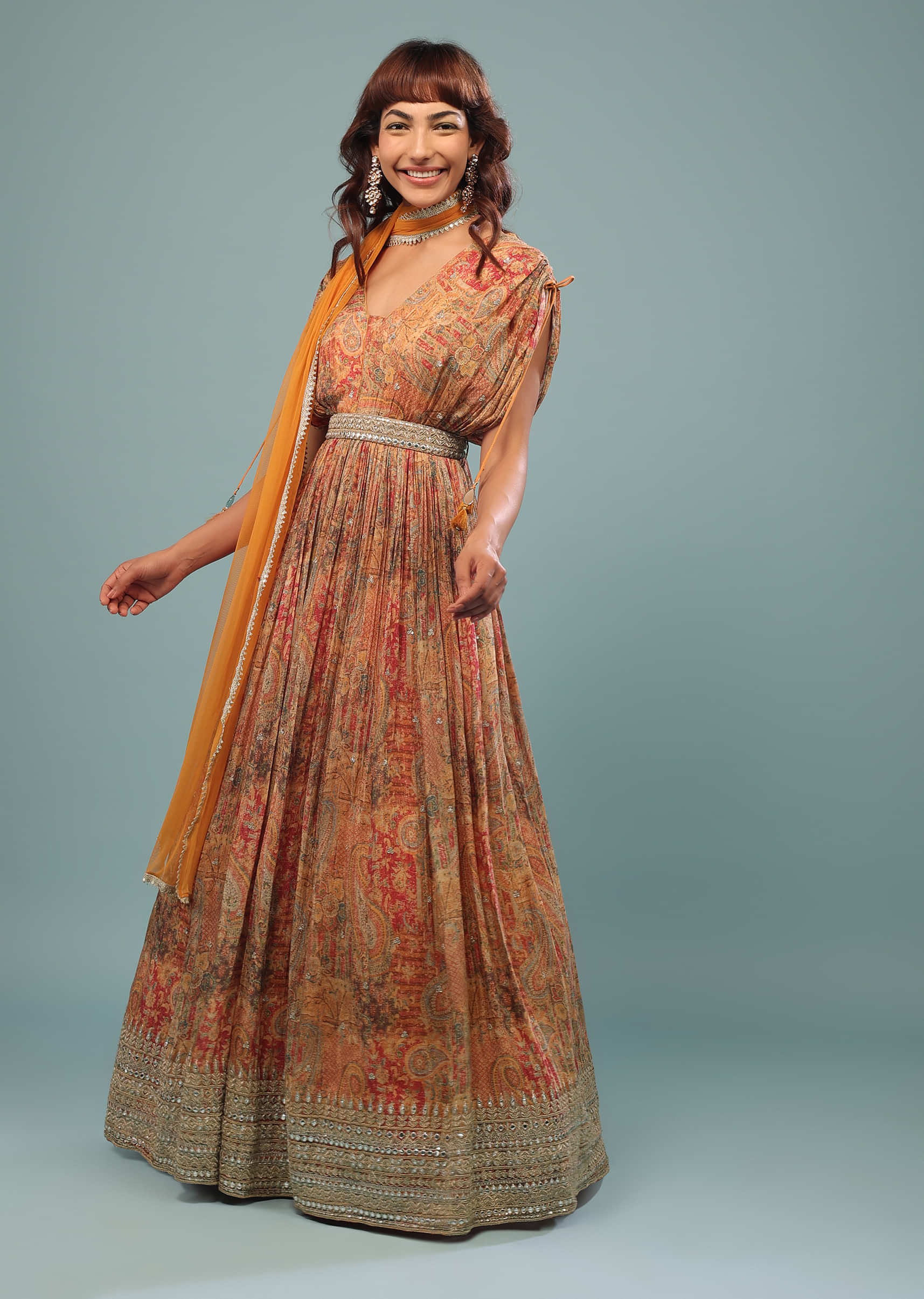 Chrome Yellow Embroidered Anarkali With Multicolour Print In Chinon