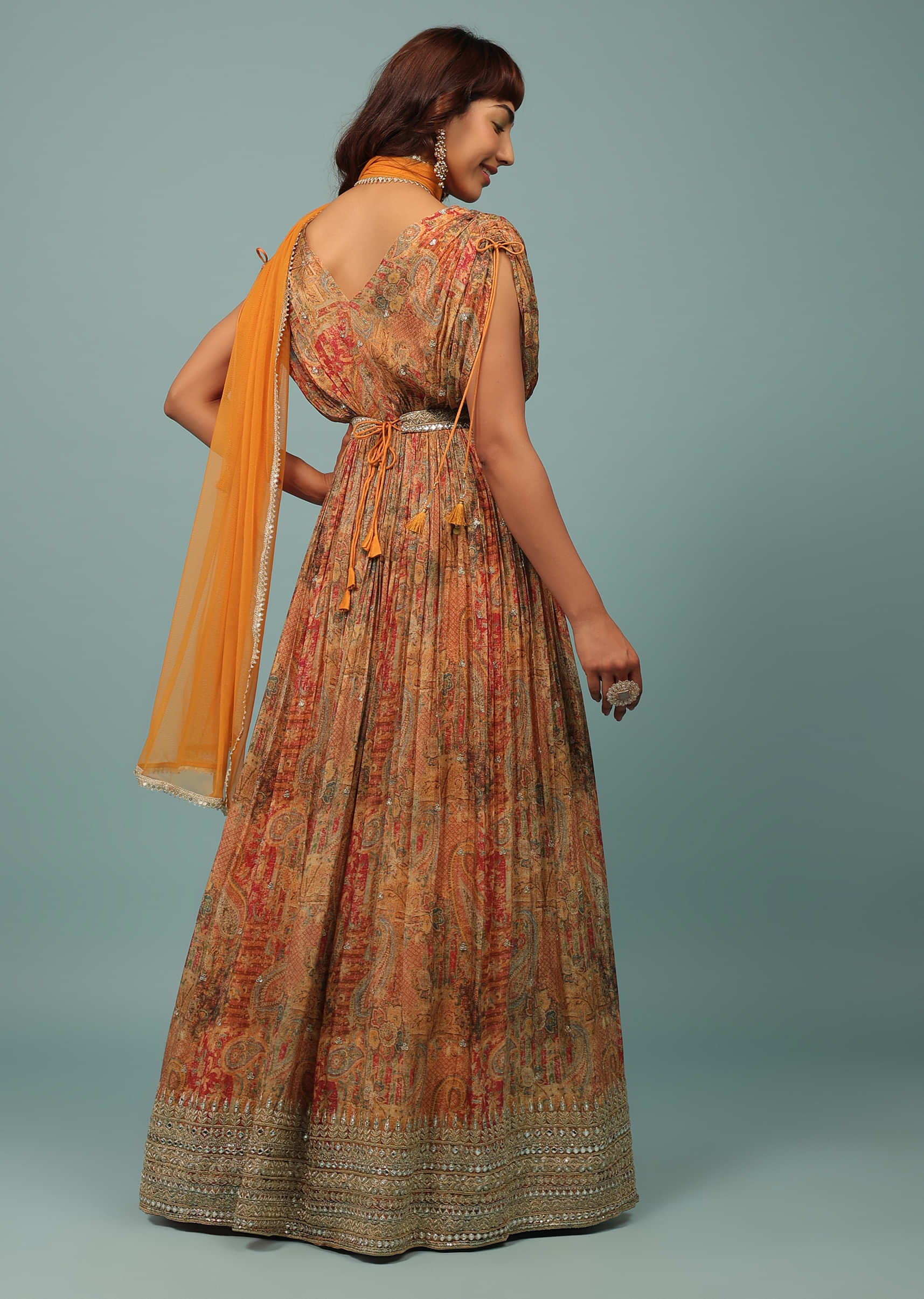 Chrome Yellow Embroidered Anarkali With Multicolour Print In Chinon