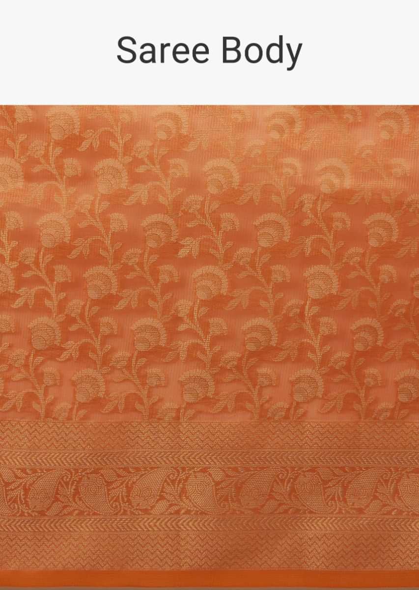 Camelia Orange Saree In Organza Silk With Woven Floral Jaal In Shades Of White And Gold Along With Unstitched Blouse Online - Kalki Fashion