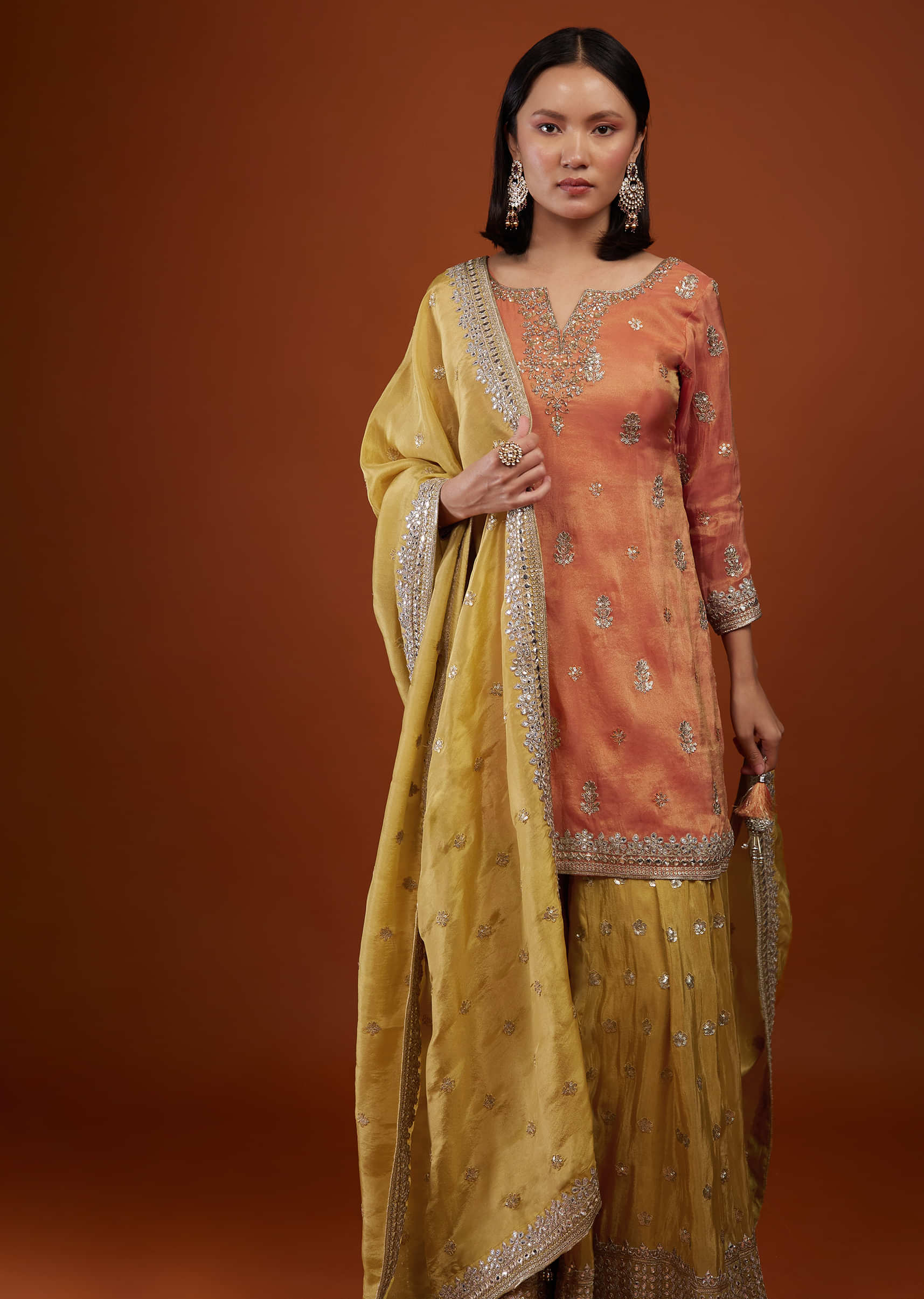 Fire Orange Palazzo Suit With Yellow Palazzo & Dupatta In Embroidery