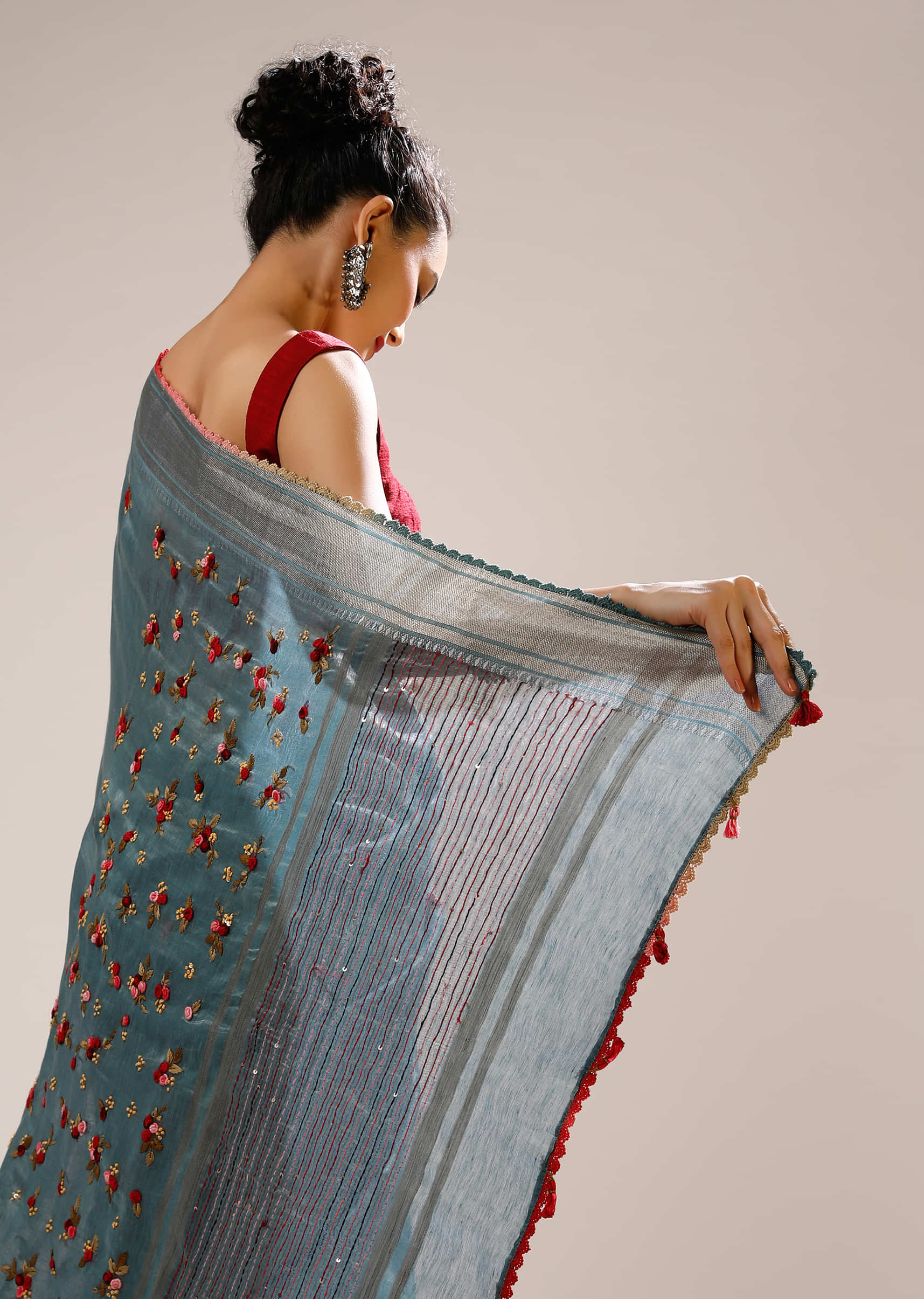 Cameo Blue Saree In Tussar Silk With Multicolored Bud Hand Embroidered Roses And Running Stich Design  