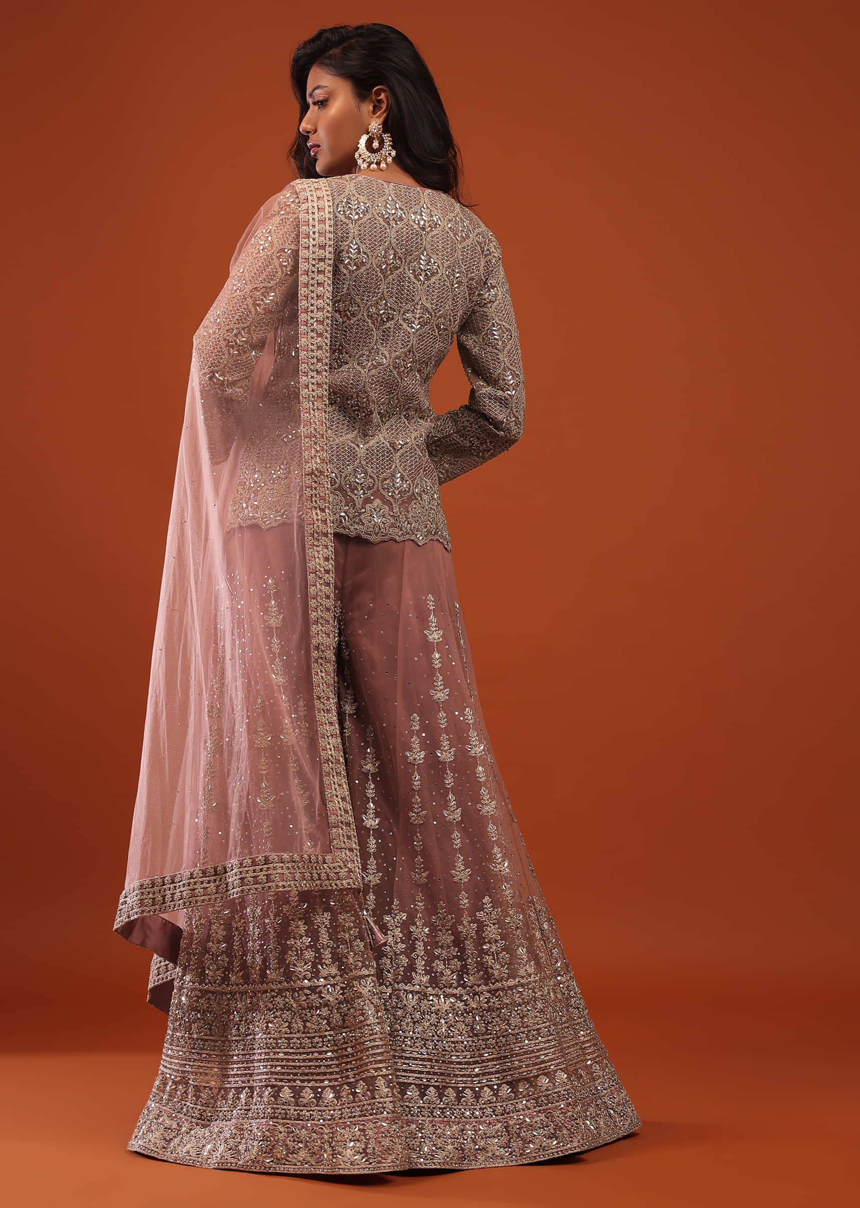 Cameo Brown Pink Embroidered Sharara Suit In Net