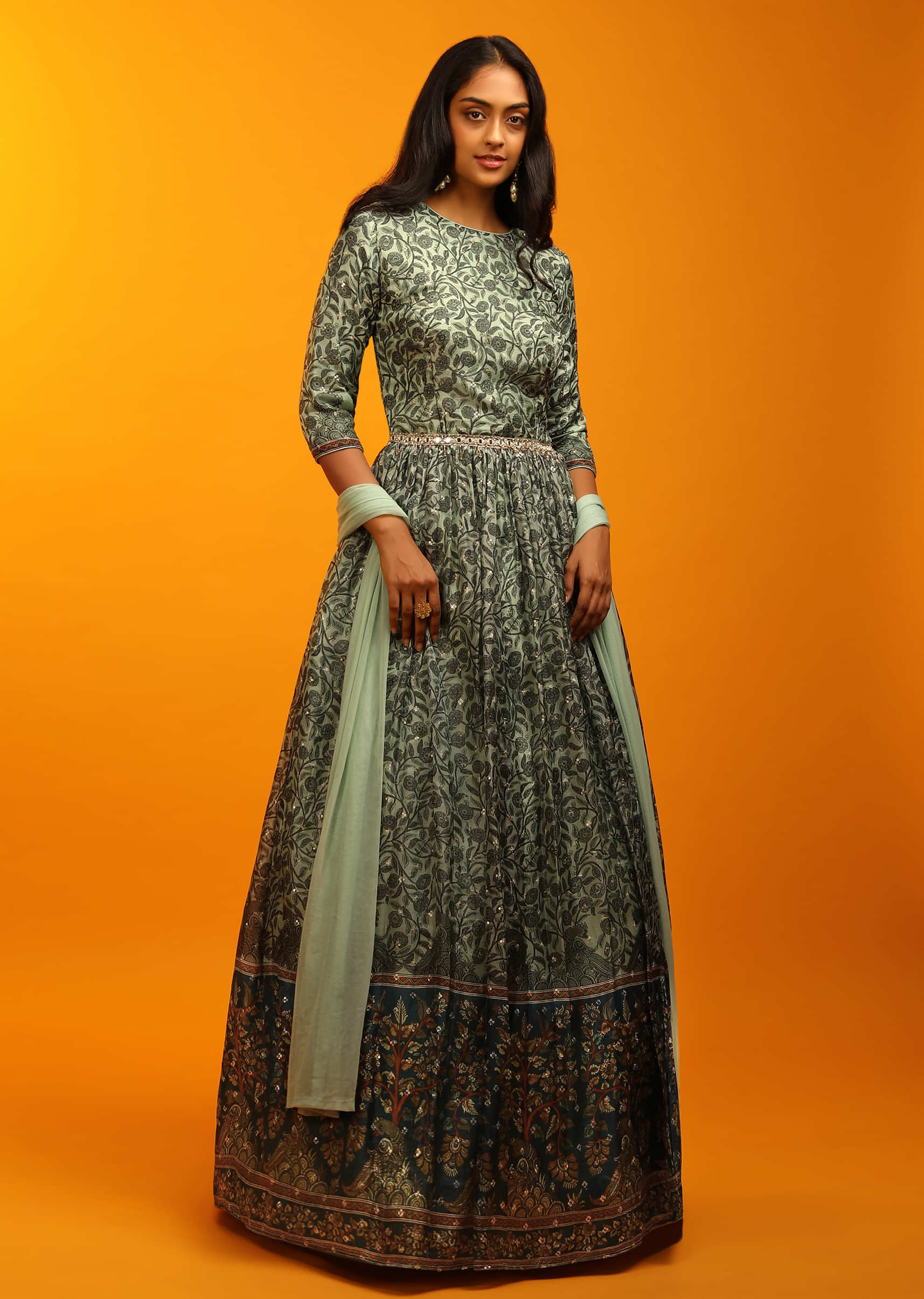 Cameo Green Anarkali Suit With Floral And Peacock Print And Mirror Embroidered Waistline