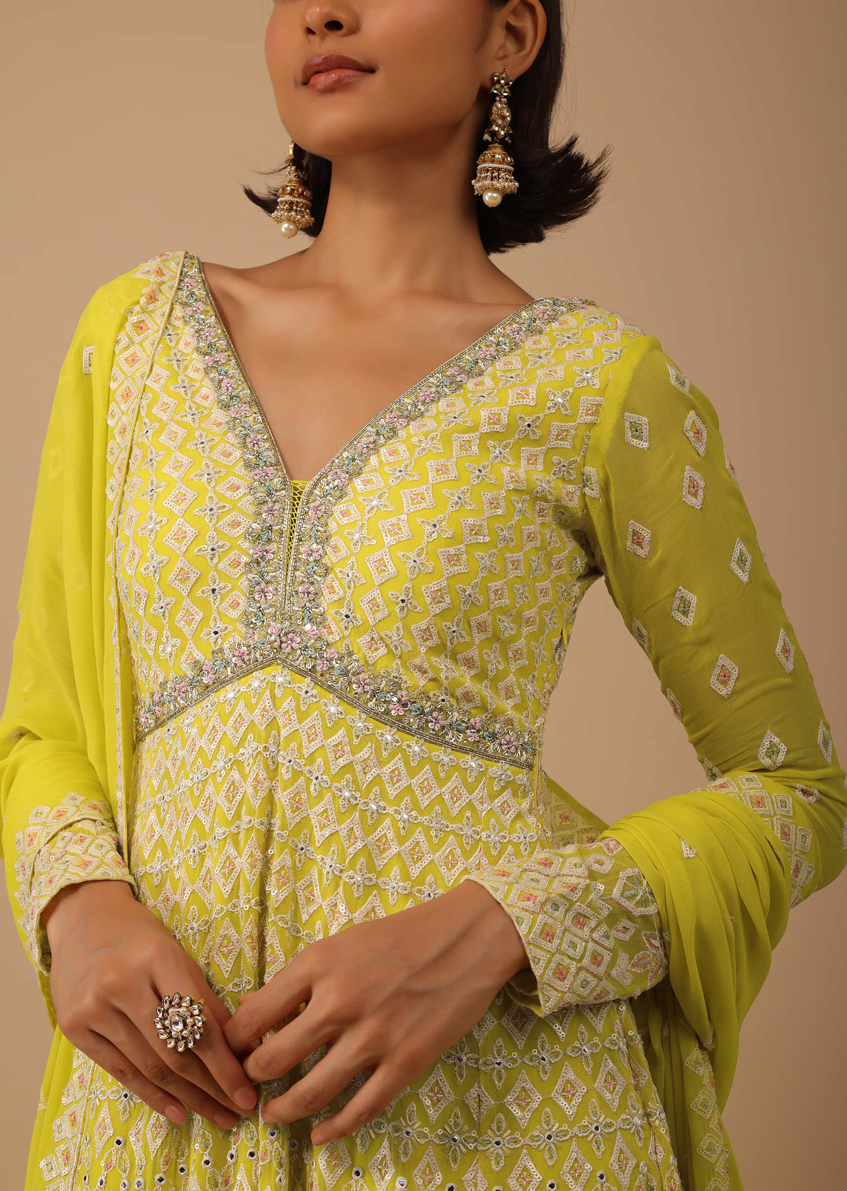 Canary Yellow Anarkali Suit Set In Georgette With Multicolor Seqins Work All Over