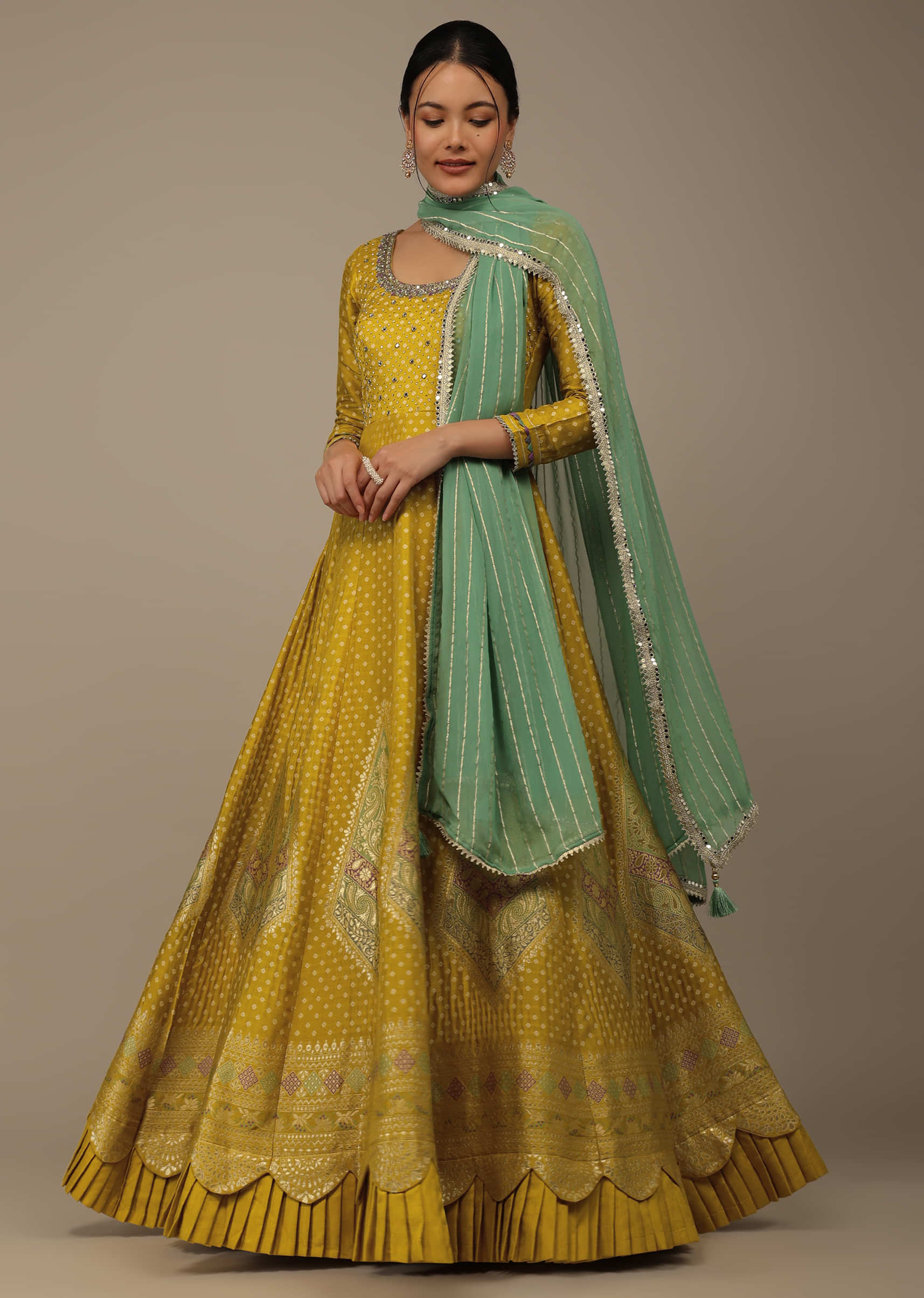 Canary Yellow Embroidered Anarkali Suit In Silk With Brocade Woven Floral Buttis