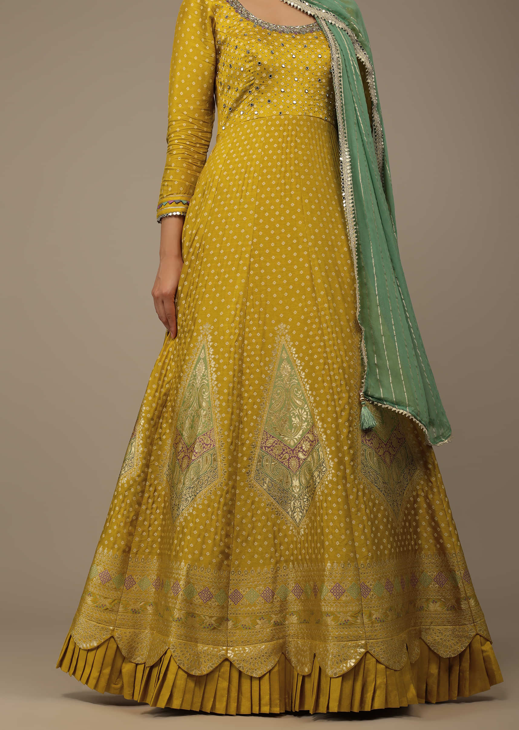 Canary Yellow Embroidered Anarkali Suit In Silk With Brocade Woven Floral Buttis