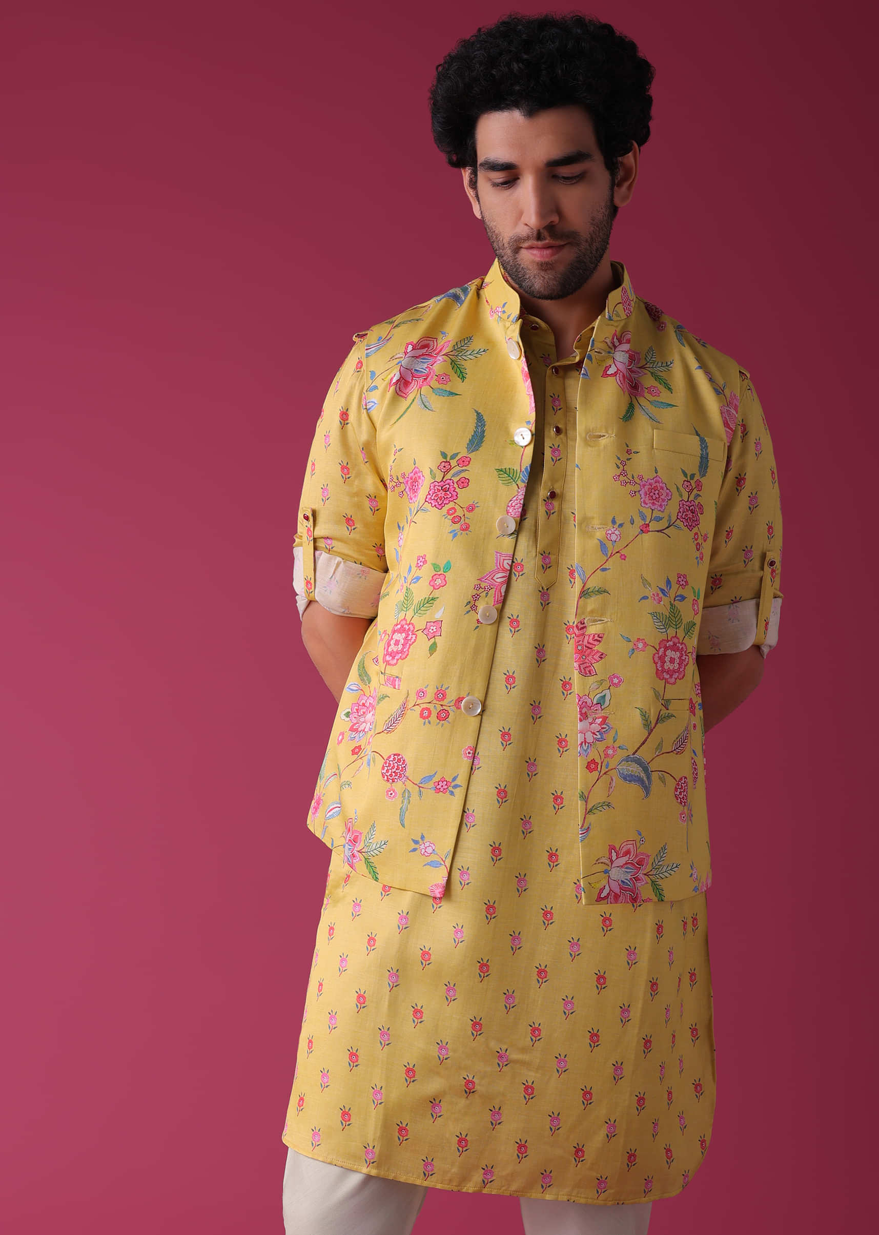 Canary Yellow Jacket Kurta Set In Silk With Floral Print