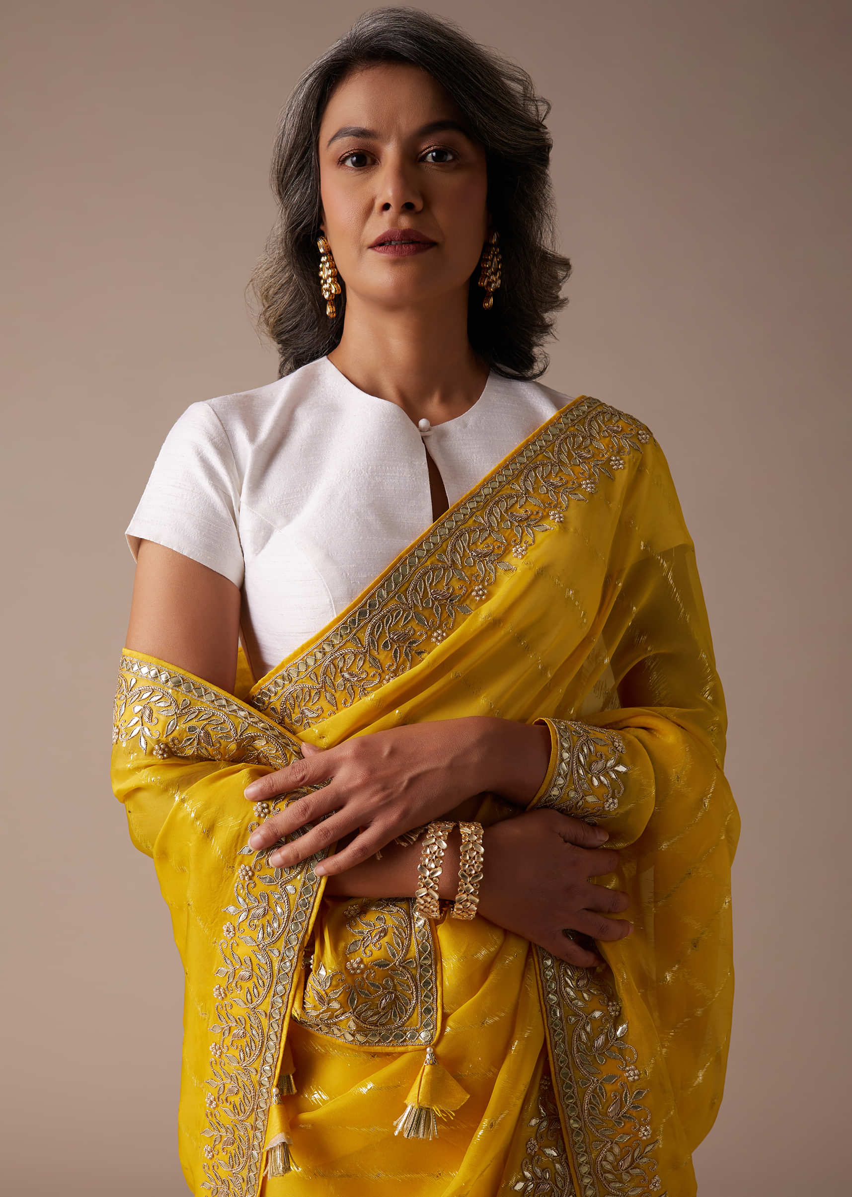 Canary Yellow Saree In Organza With Lurex Woven Diagonal Stripes And Gotta Embroidered Floral Border  