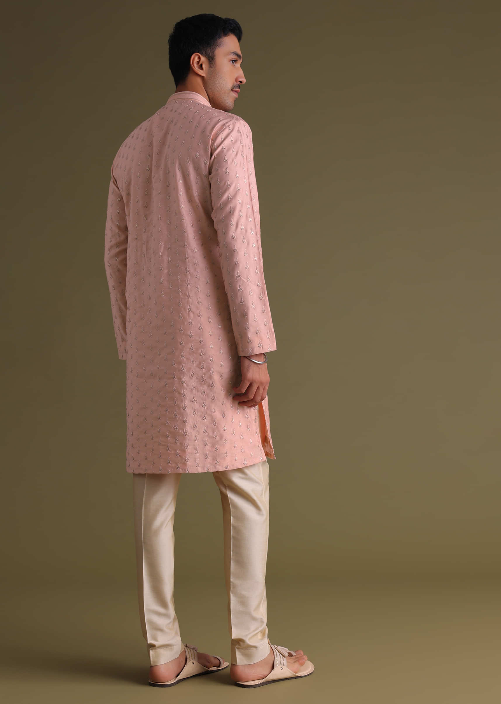 Candy Pink Thread-Embroidered Festive Kurta Set In Silk With Motif Work