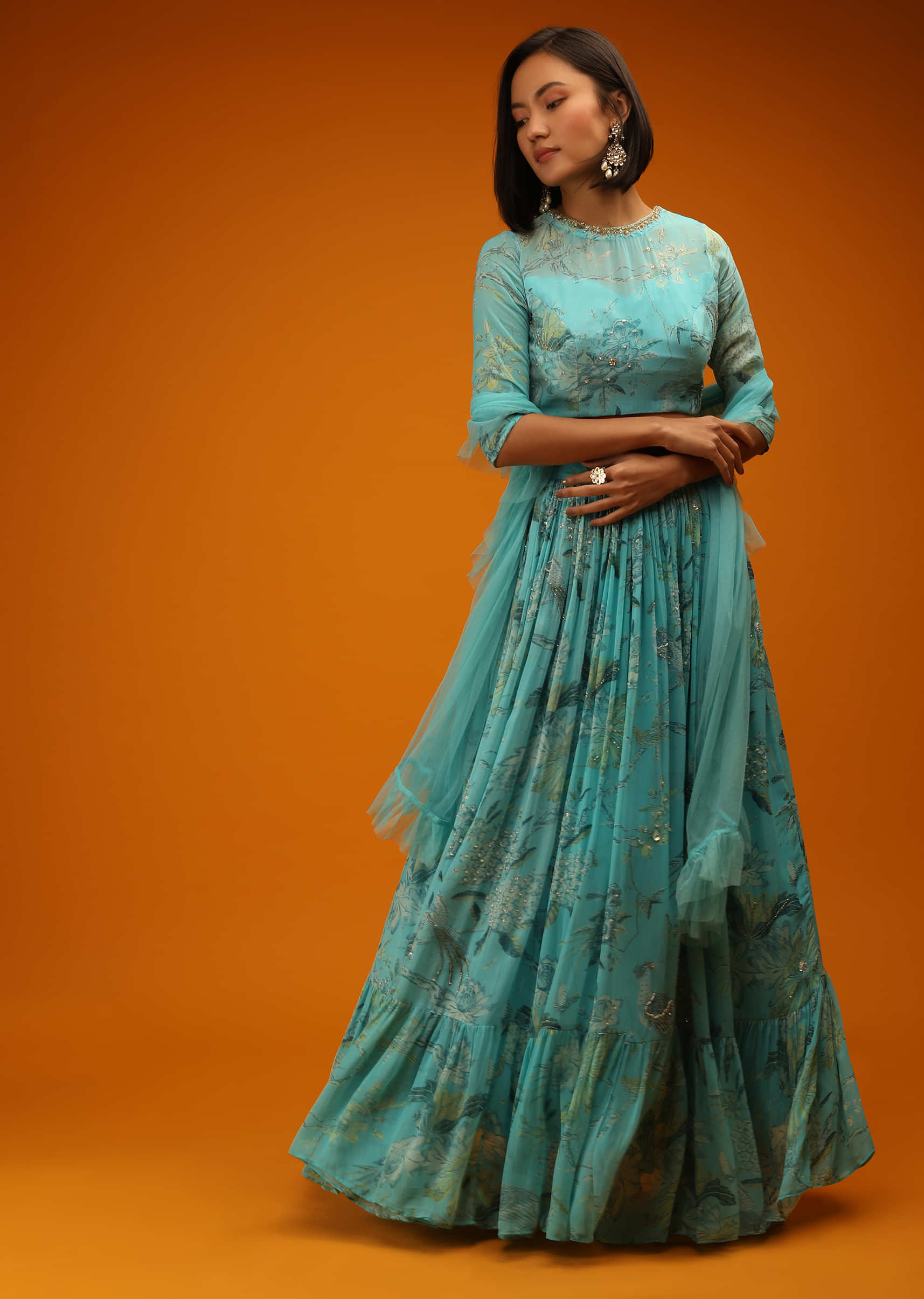 Capri Blue Lehenga Choli In Georgette With Floral Print And Sequin Accents