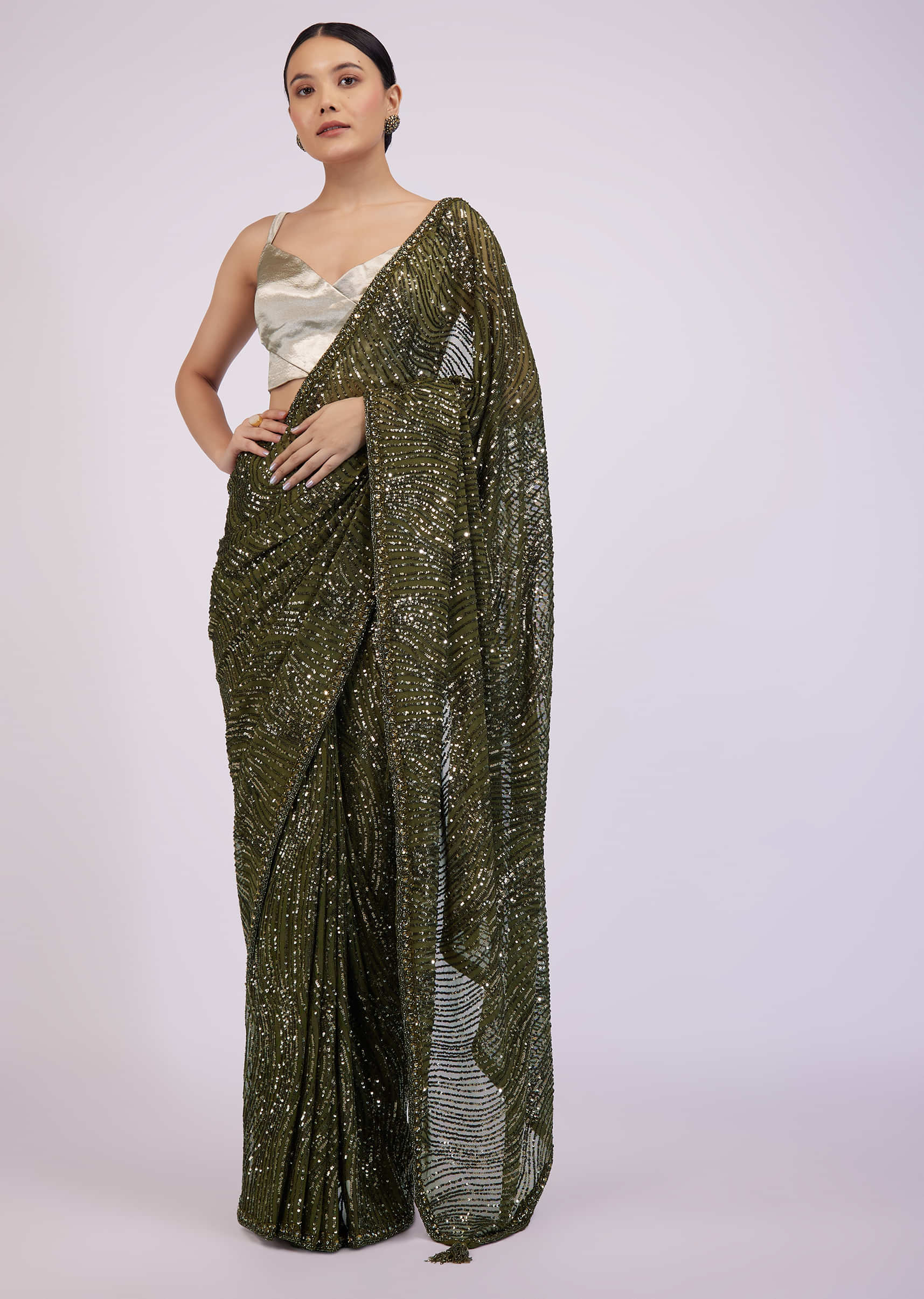 Army Green Saree In Sequins With Embroidery