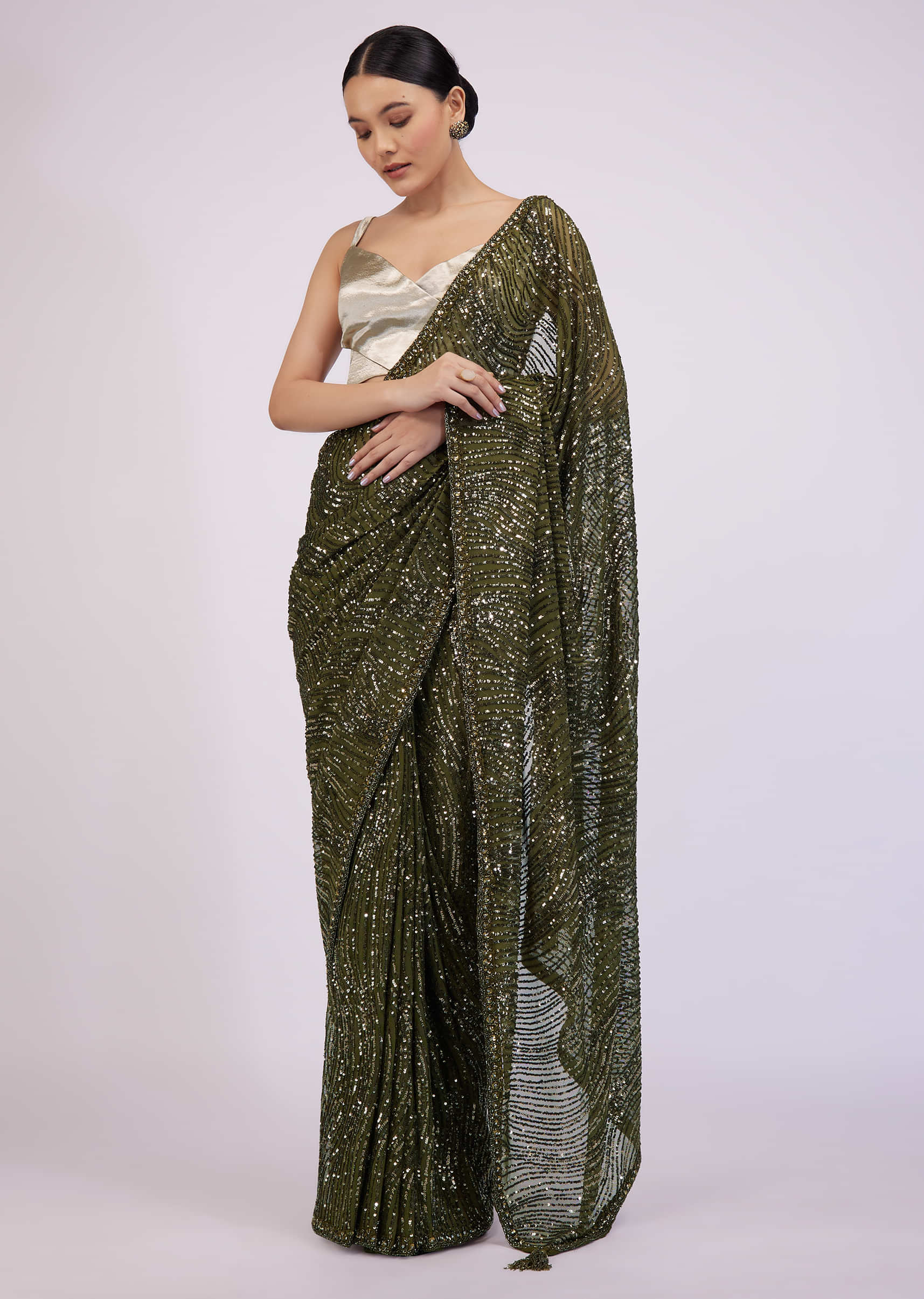 Army Green Saree In Sequins With Embroidery