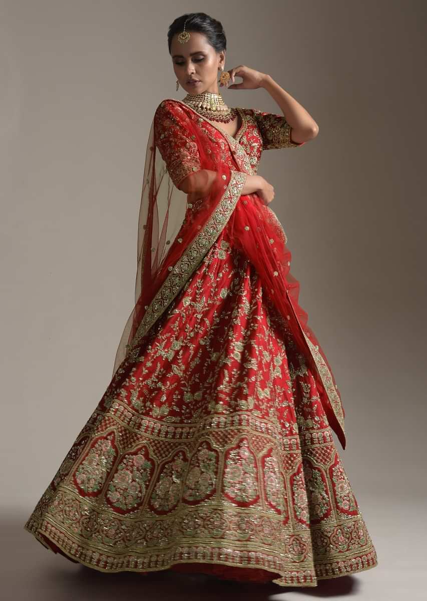 Carmine Red Lehenga Choli In Raw Silk With Zari Embroidered Floral Jaan And Resham Mughal Motifs 