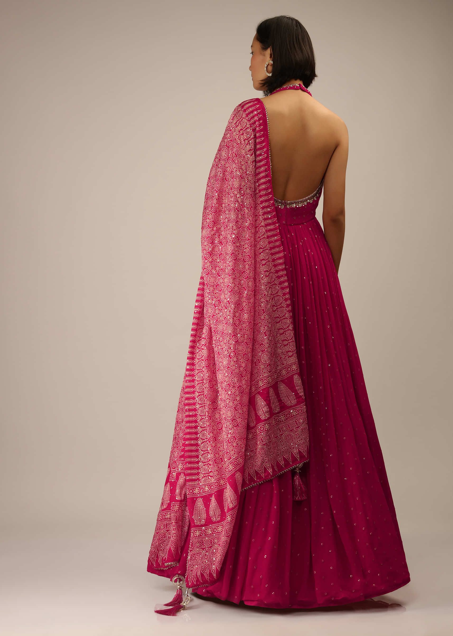 Carmine Pink Anarkali Suit In Georgette With Printed Dupatta