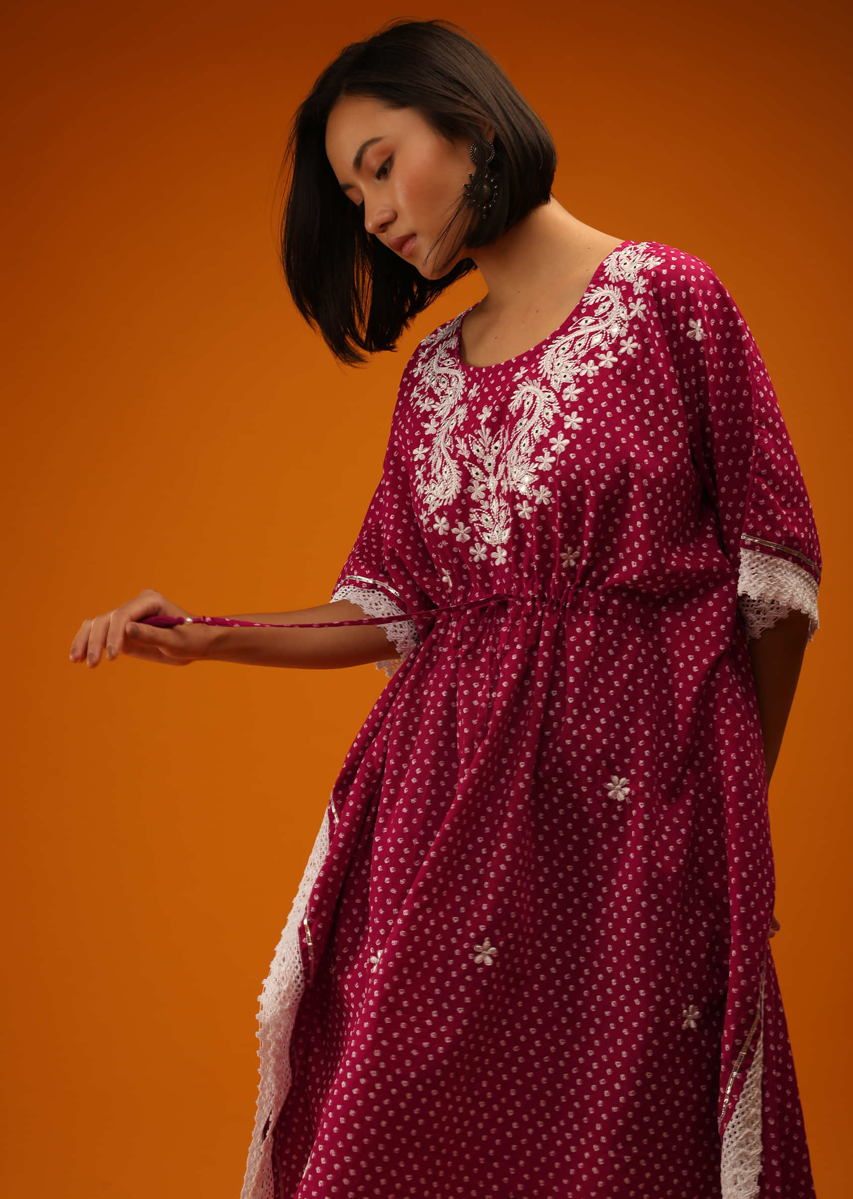 Carmine Pink Kaftan In Cotton With Bandhani Print And Mirror Embroidered Yoke Online - Re By Kalki