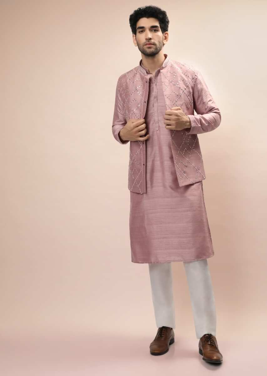 Carnation Pink Nehru Jacket And Kurta Set With Resham And Mirror Embroidered Checks