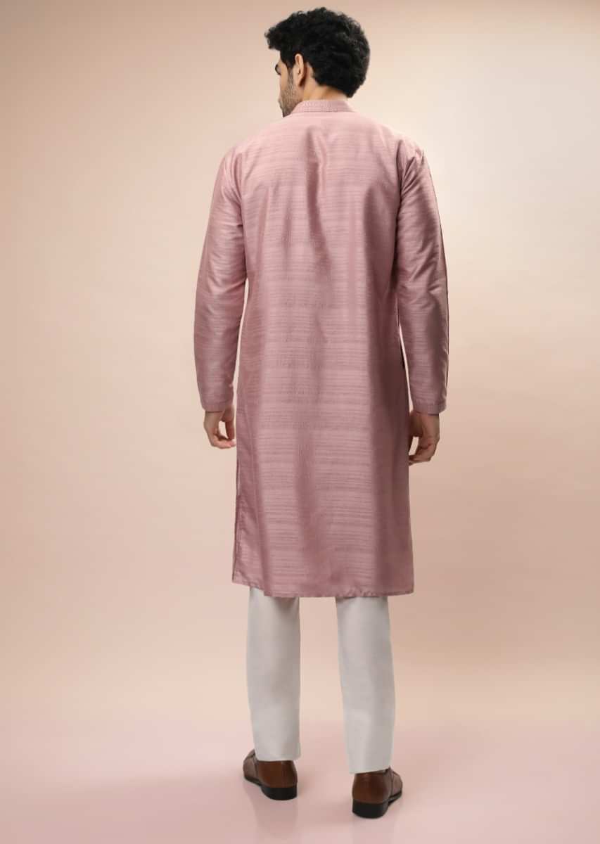 Carnation Pink Nehru Jacket And Kurta Set With Resham And Mirror Embroidered Checks