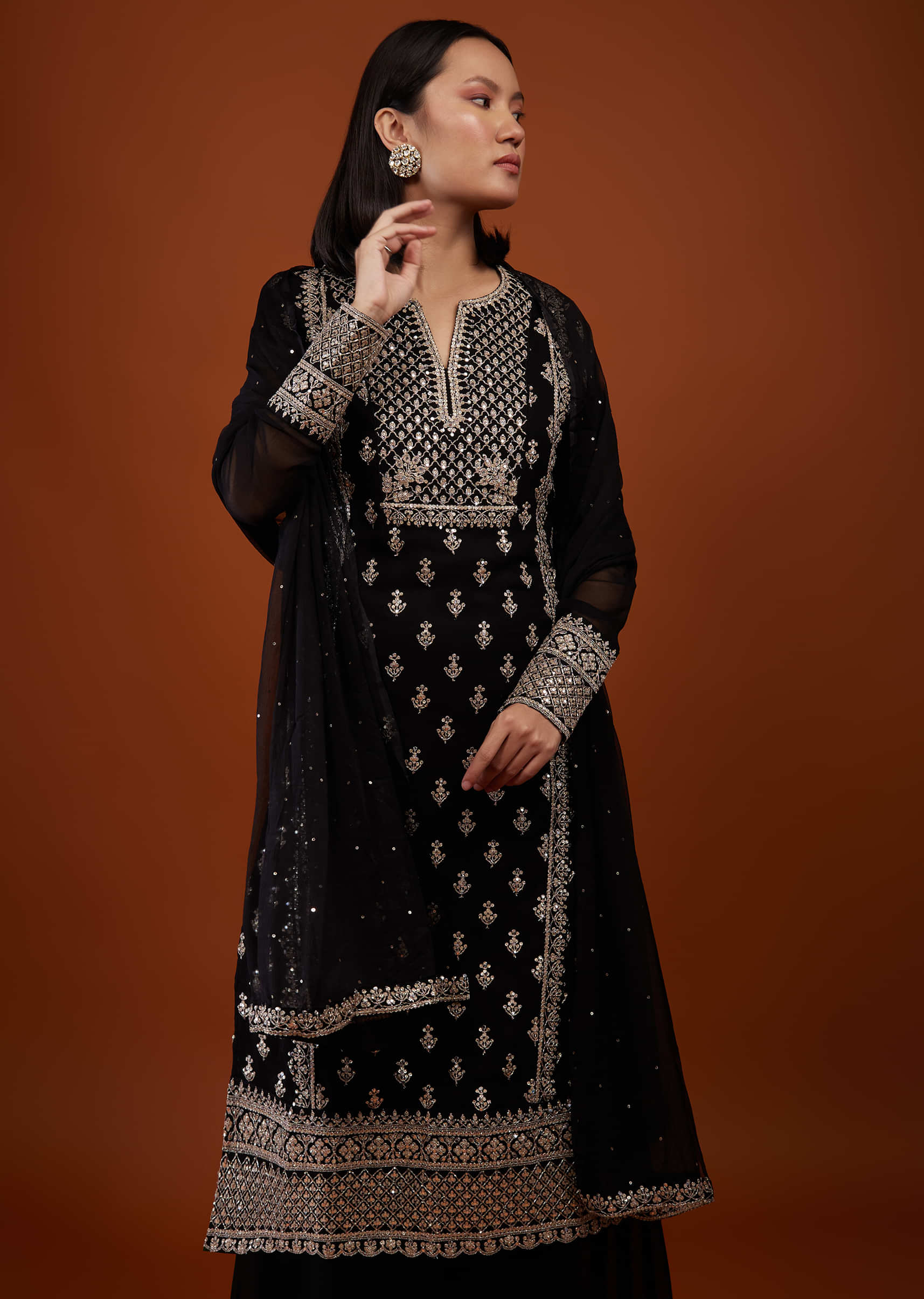 Caviar Black Embroidered Georgette Palazzo Suit