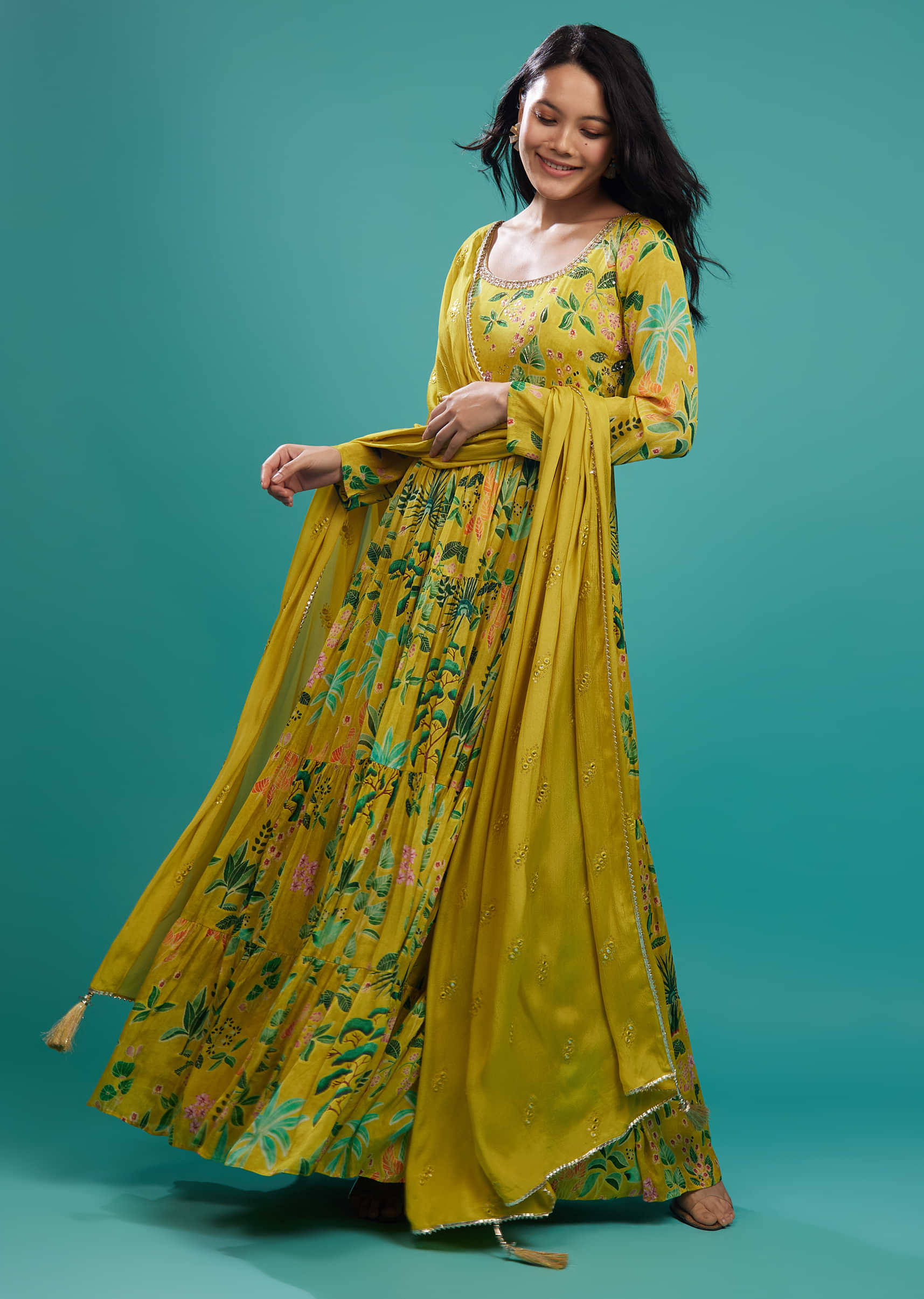Citrus Green Chinon Tiered Floral Anarkali Suit