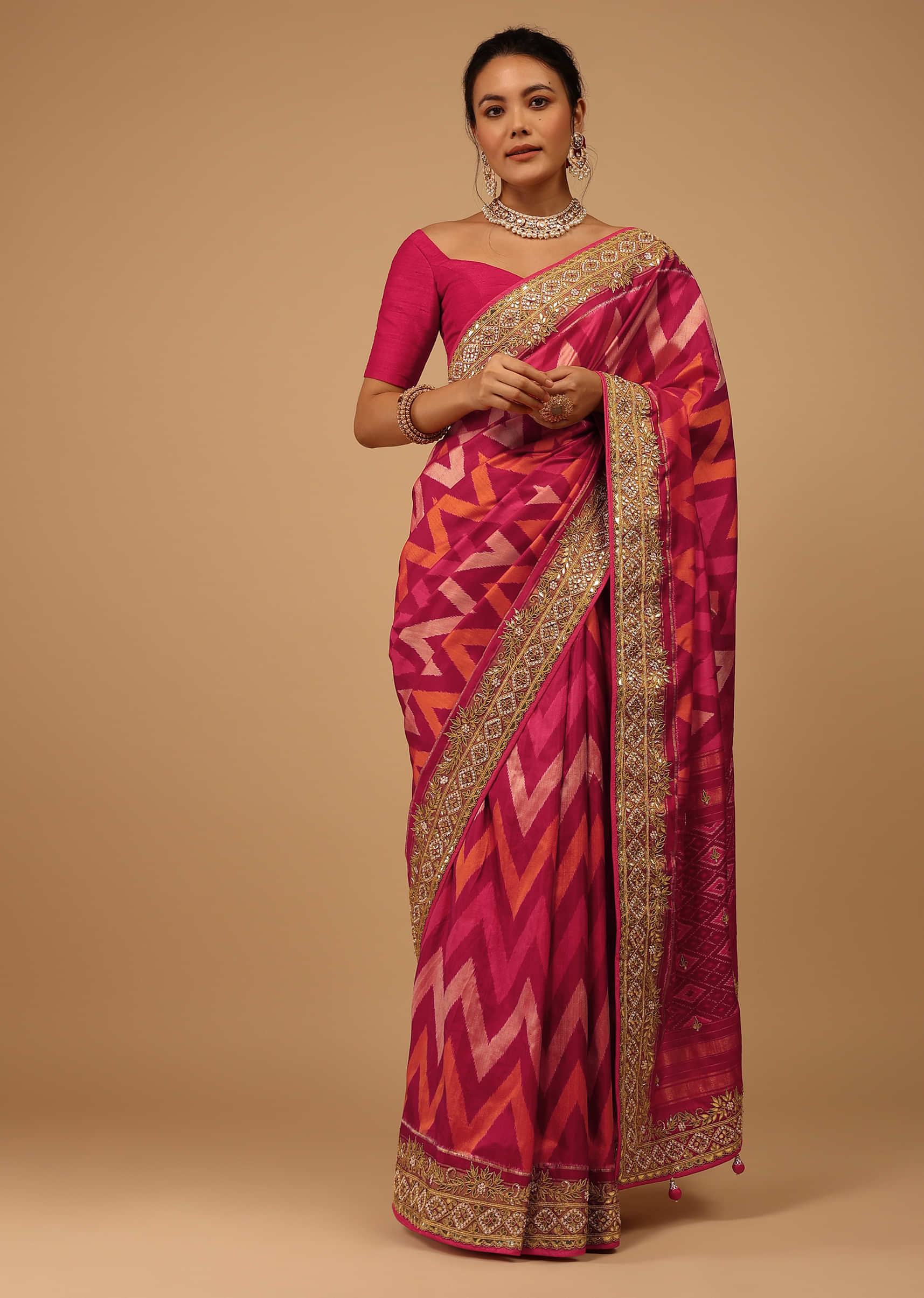 Azalea Pink Saree In Pure Silk With Handloom Patola Ikat Weave