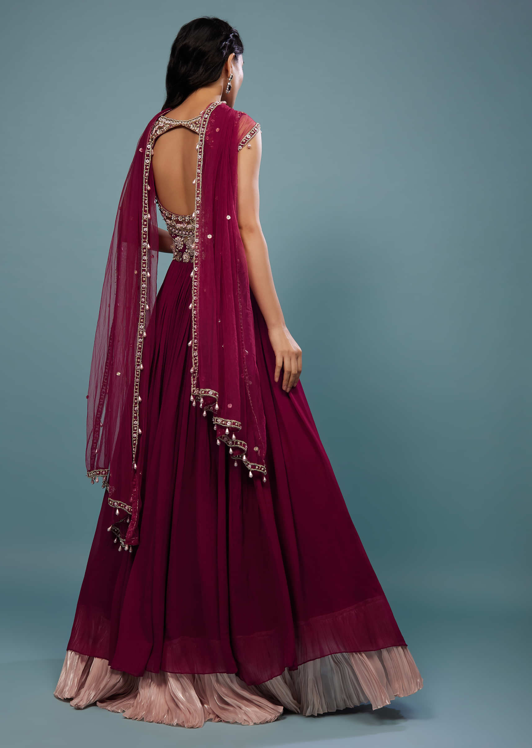Wine Red Embroidered Anarkali Suit In Viscose Georgette