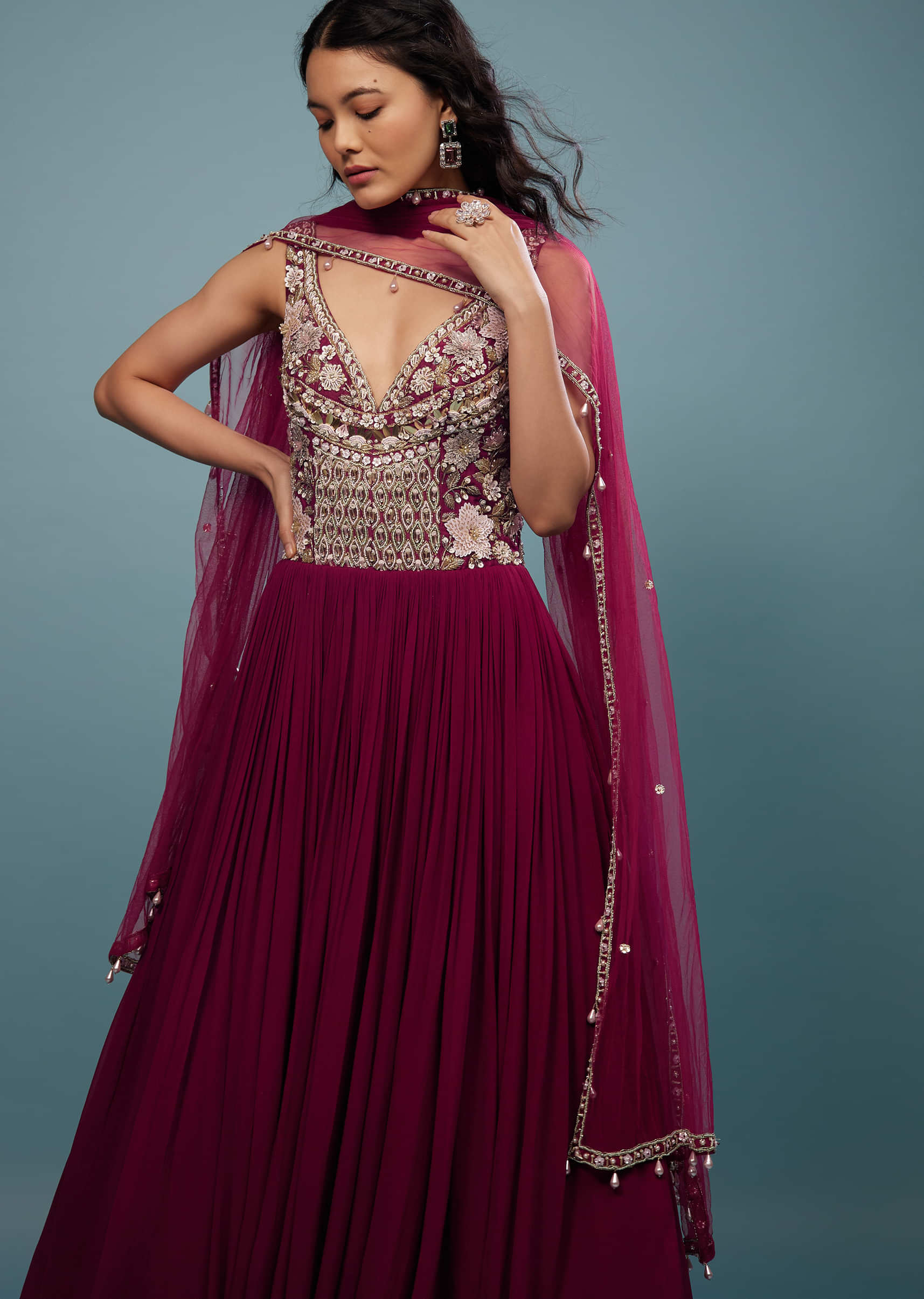 Wine Red Embroidered Anarkali Suit In Viscose Georgette
