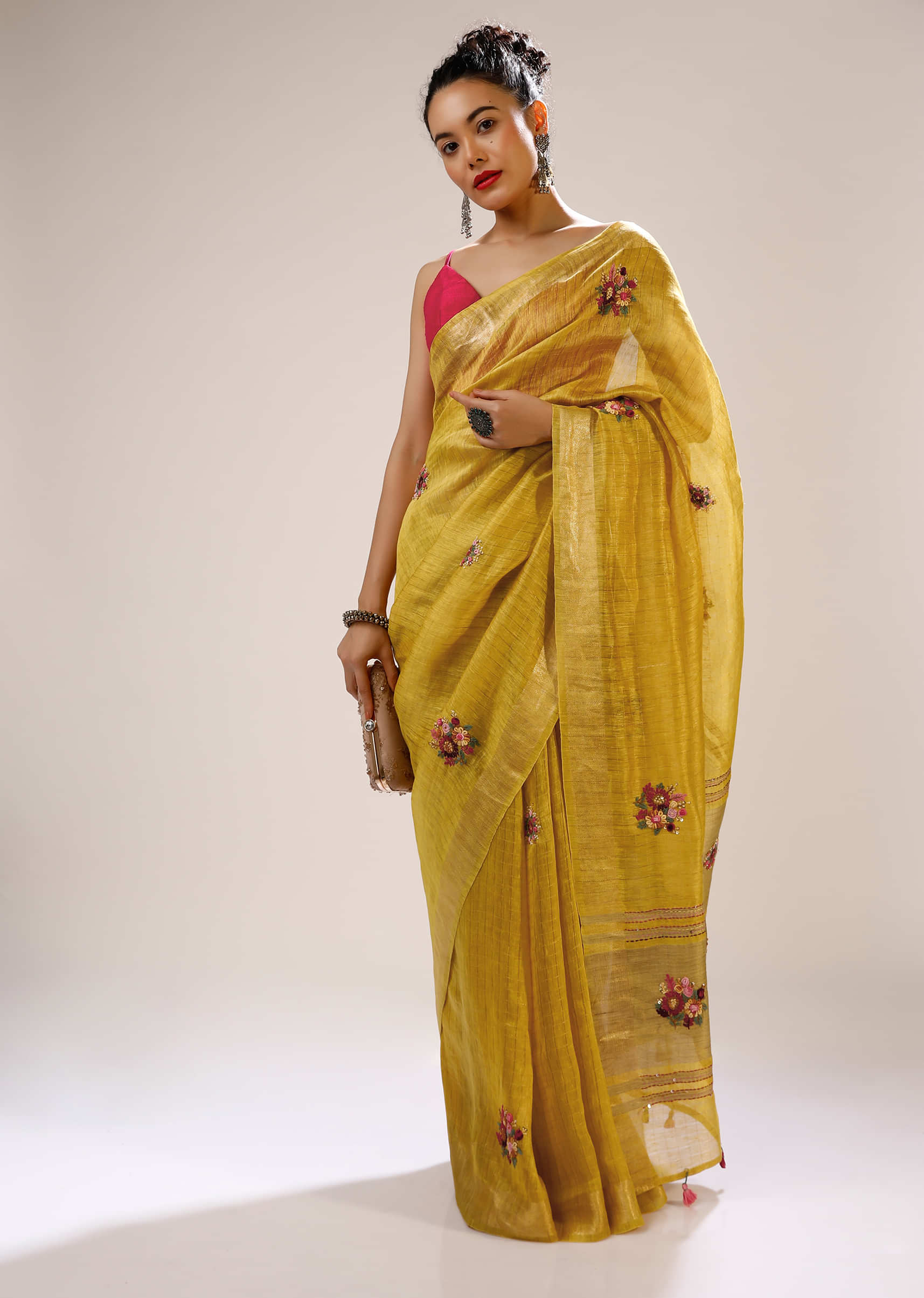 Ceylon Yellow Saree In Tussar Silk With Bud Hand Embroidered Floral Motifs In Repeat Pattern And Running Stitch Embroidery  