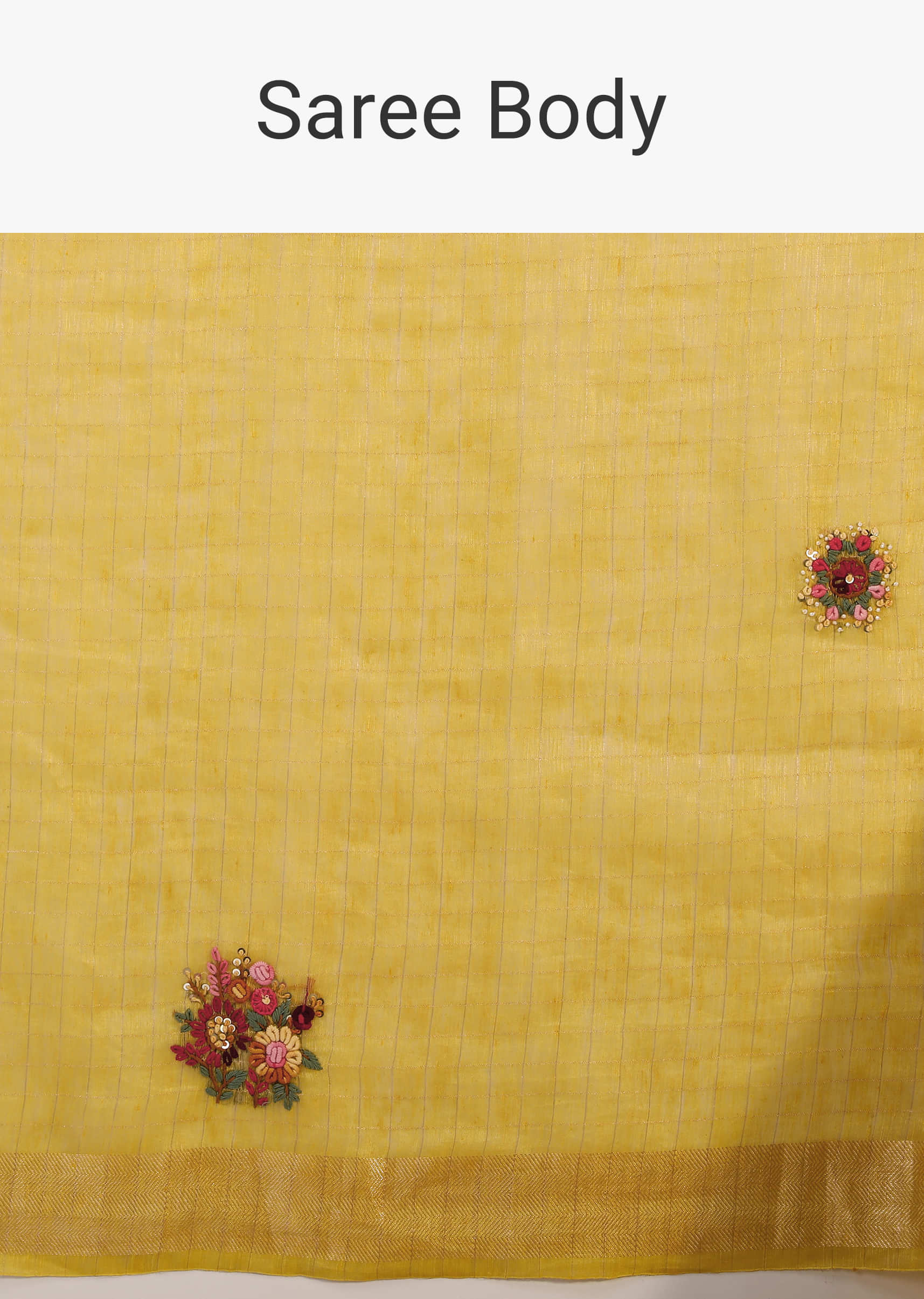 Ceylon Yellow Saree In Tussar Silk With Bud Hand Embroidered Floral Motifs In Repeat Pattern And Running Stitch Embroidery  
