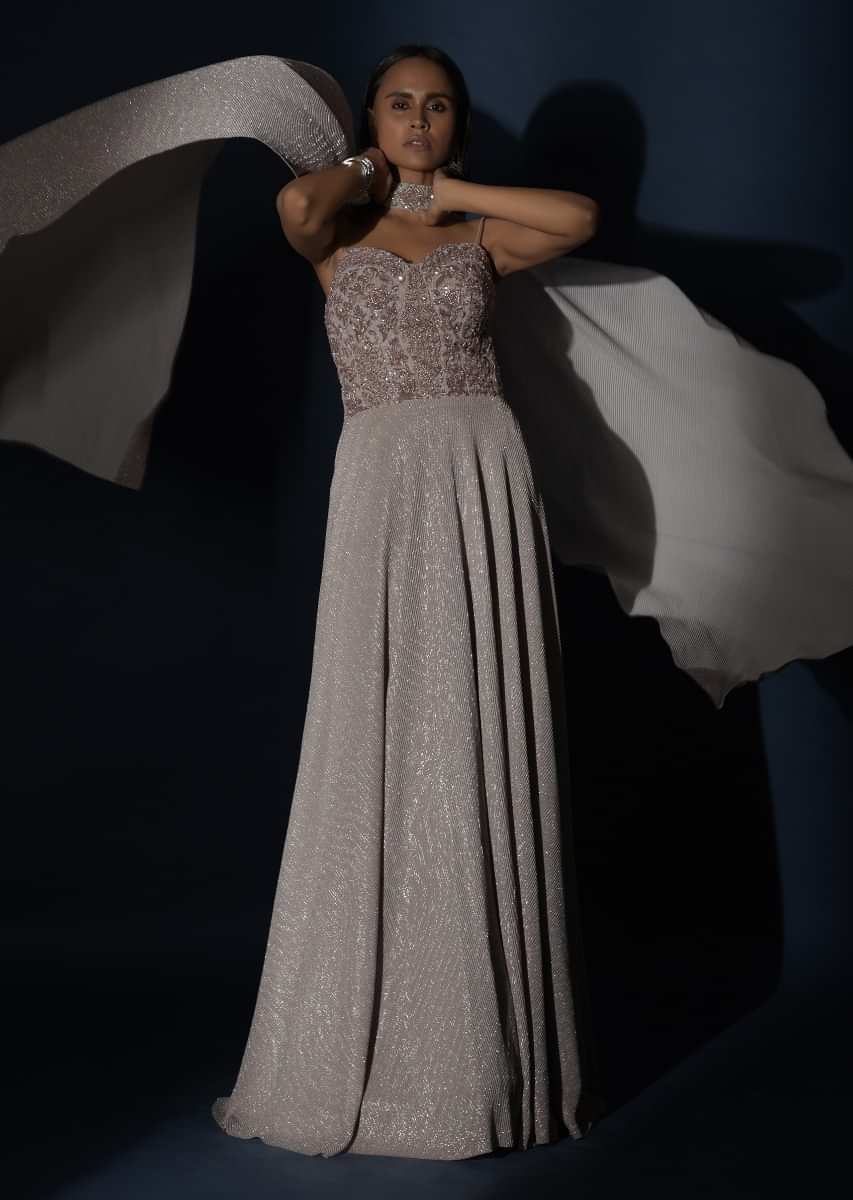 Champagne Gown With Embellished Sweetheart Cut Bodice And Spaghetti Straps Online - Kalki Fashion