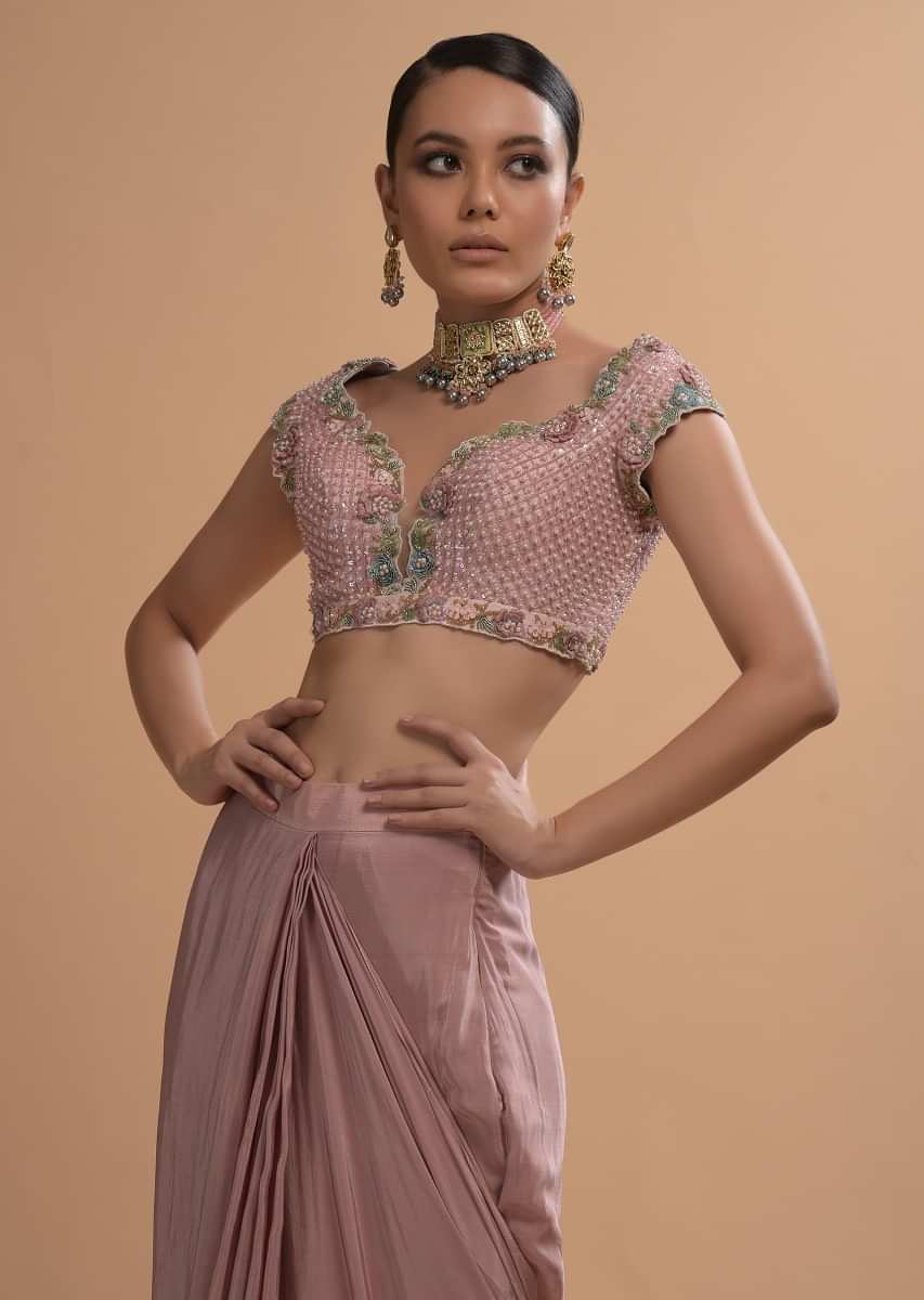 Champagne Pink Ready Pleated Ruffle Saree With 3D Flower And Checks Embroidered Cap Sleeve Blouse