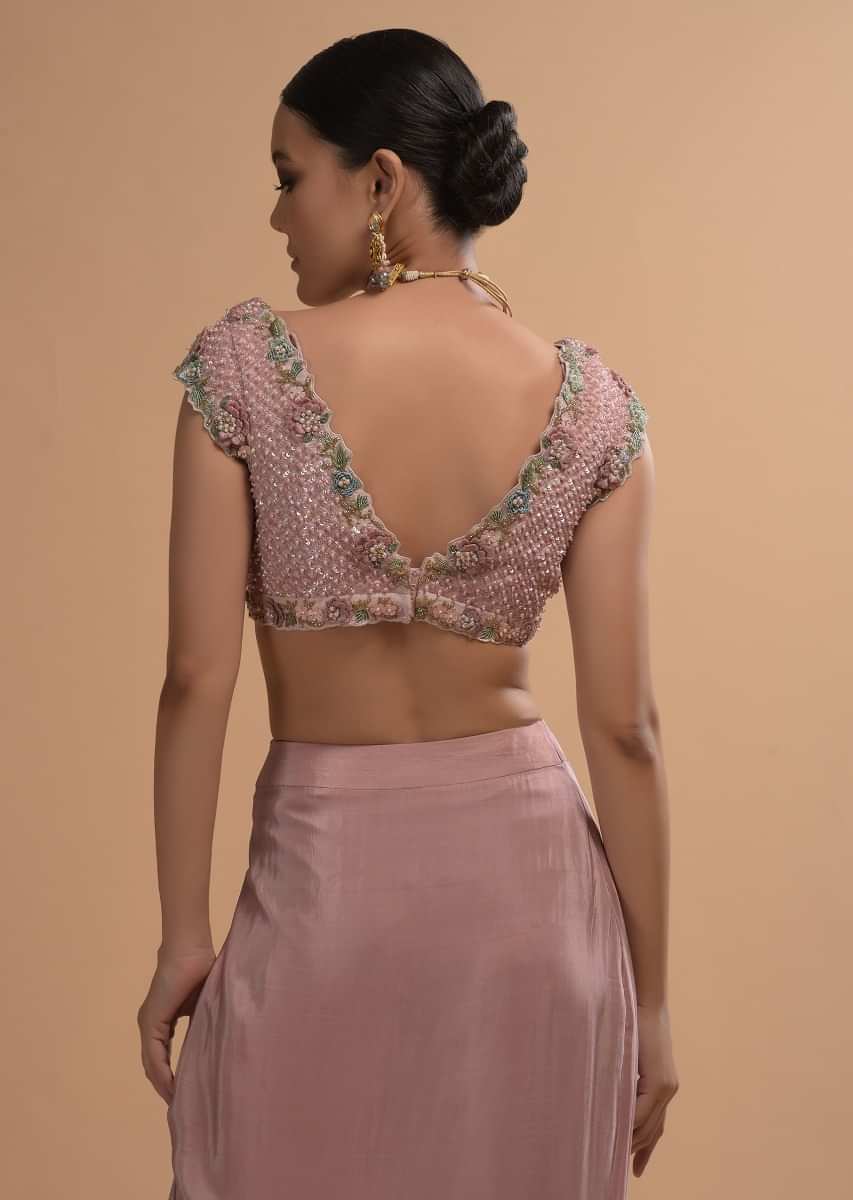 Champagne Pink Ready Pleated Ruffle Saree With 3D Flower And Checks Embroidered Cap Sleeve Blouse