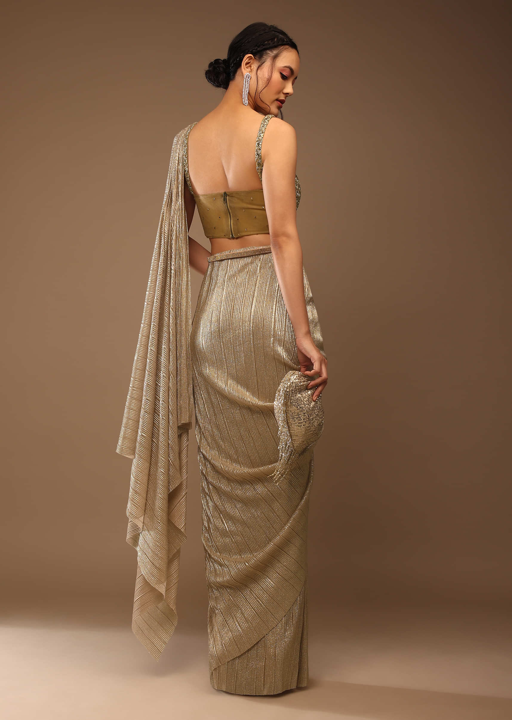 Champagne Beige Ready-Pleated Saree With A Crop Top In Stones Embellishment