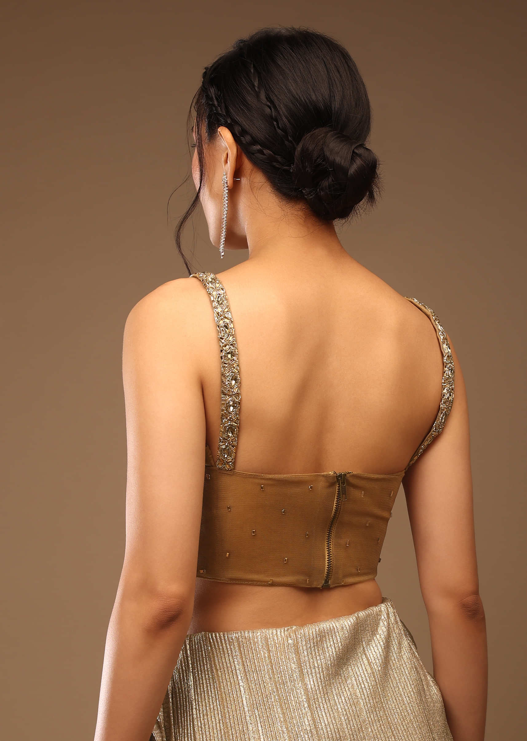 Champagne Beige Ready-Pleated Saree With A Crop Top In Stones Embellishment
