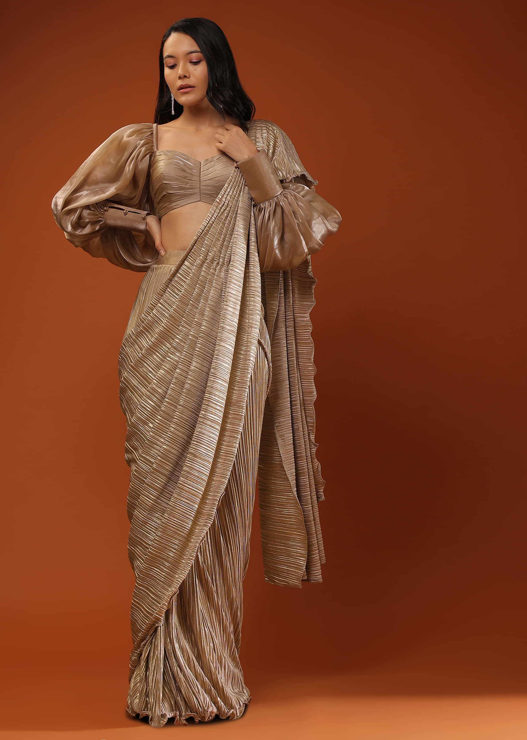 Champagne Beige Ready-Pleated Saree, Crafted In Crush With Side Zip Closure