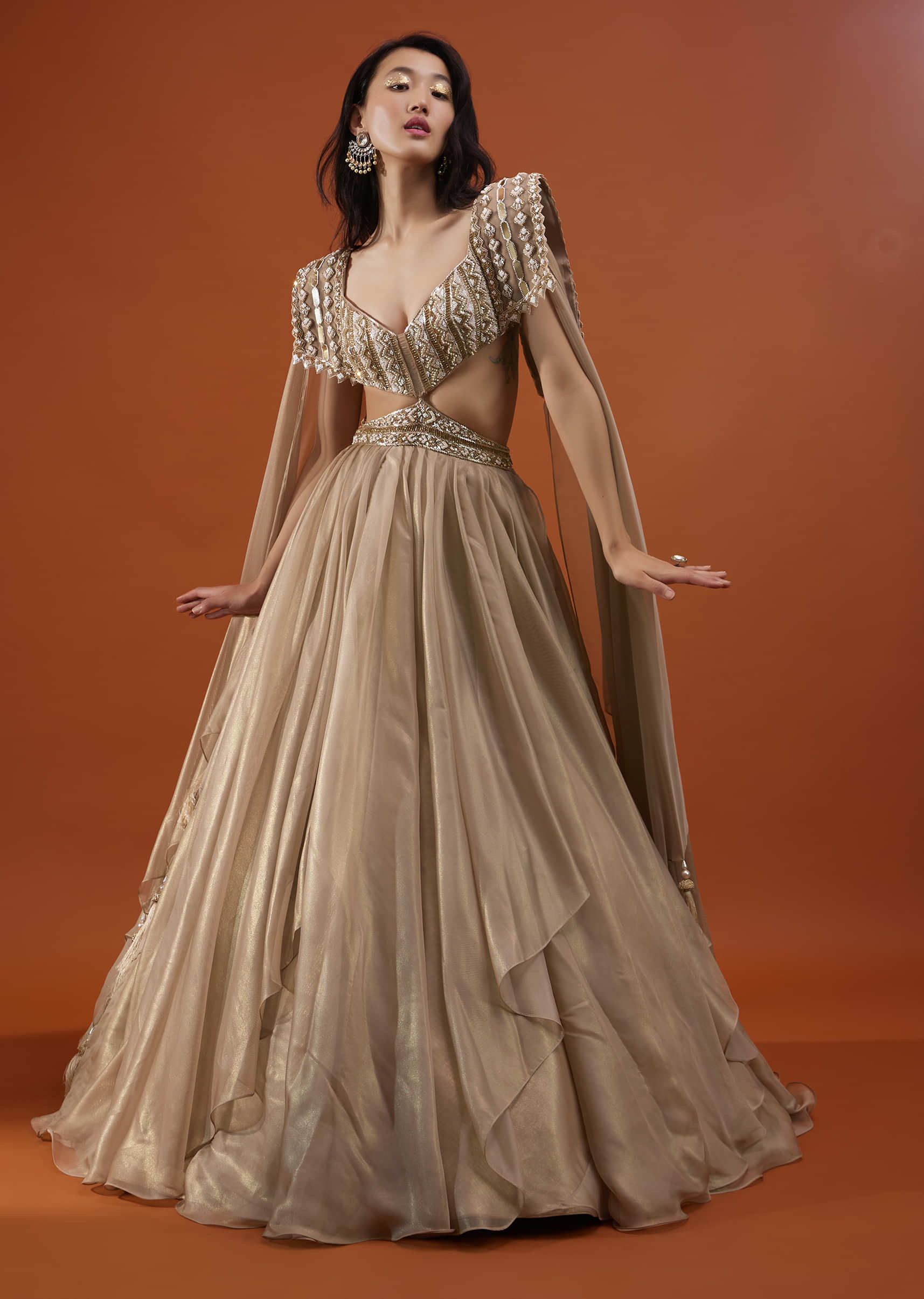 Champagne Gold Akasia Gown With Tassel Wing Cape Sleeves - NOOR 2022