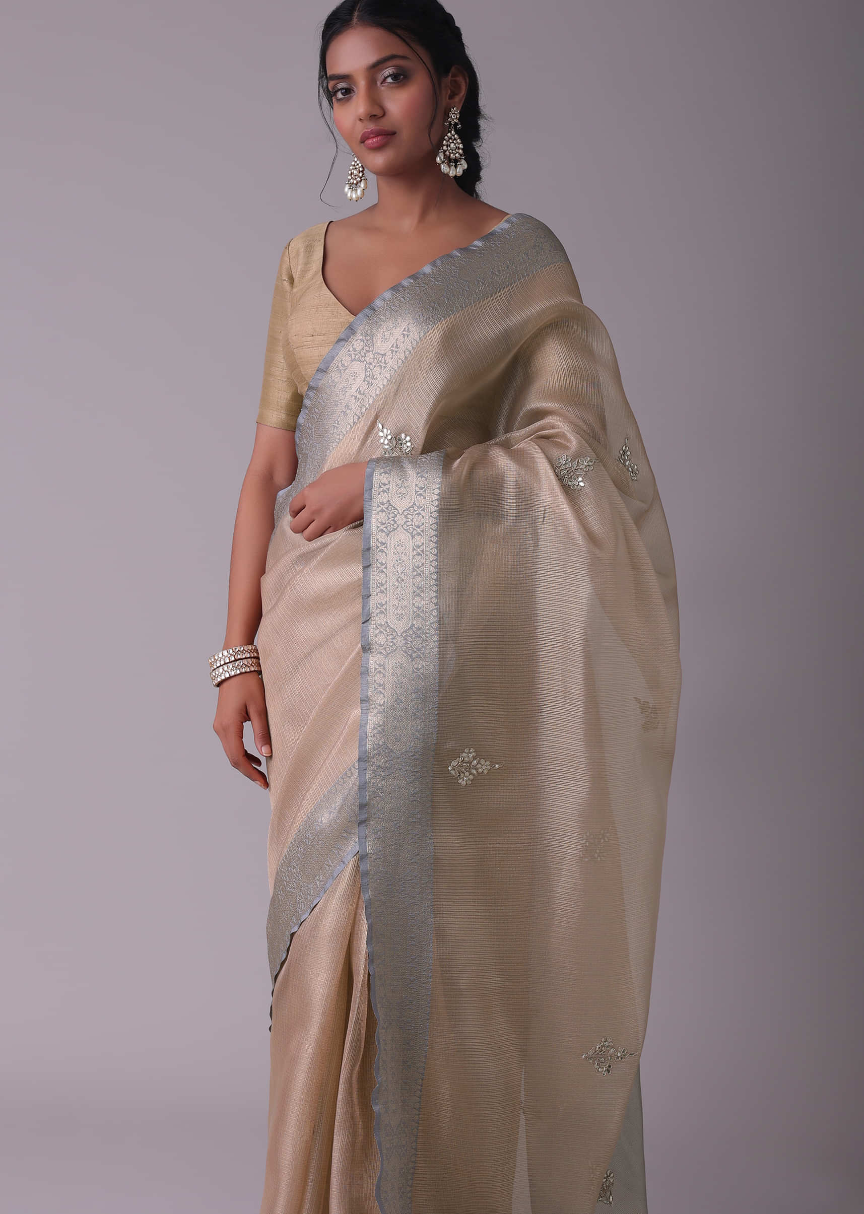 Champagne Gold And Blue Toned Glass Tissue Saree With Embroidery 