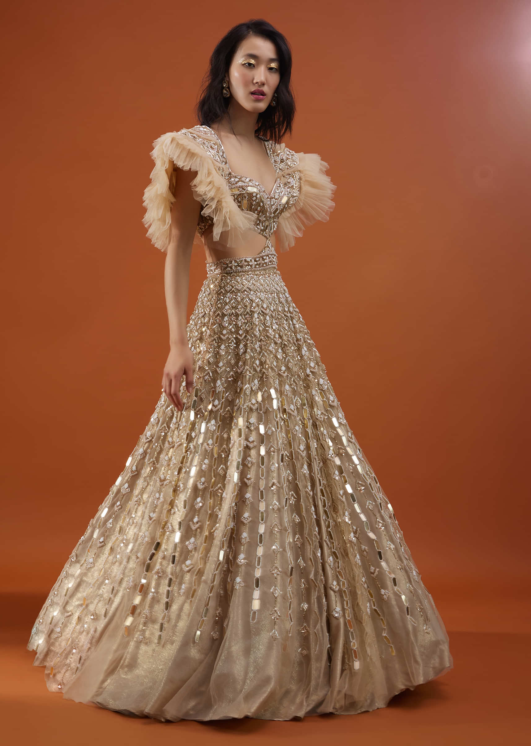 Champagne Gold Angelic Gown In Net With Ruffle Sleeves And Mirror Work - NOOR 2022