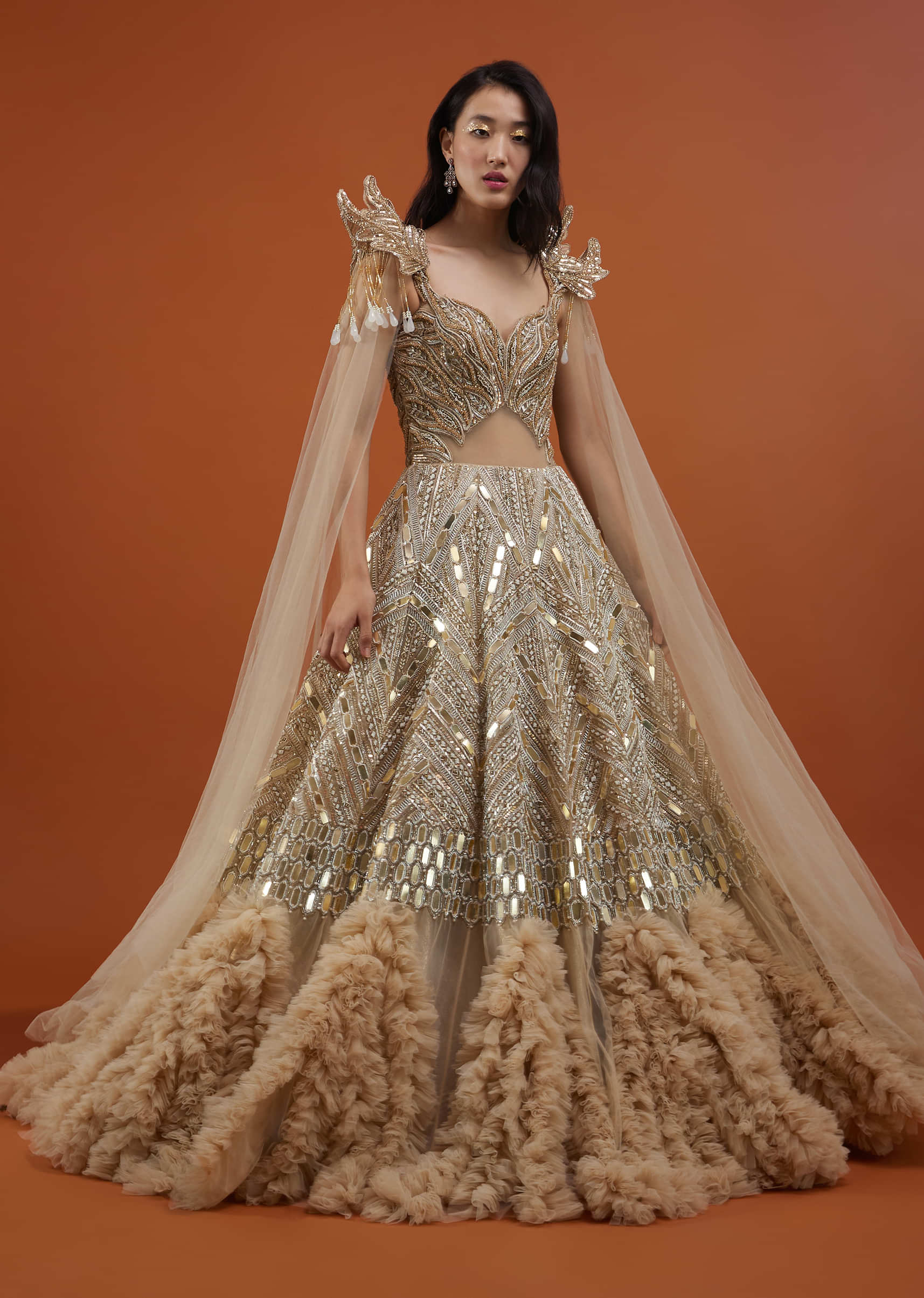 Champagne Gold Divine Net Fabricated Gown With Ruffle Frill Adornment - NOOR 2022