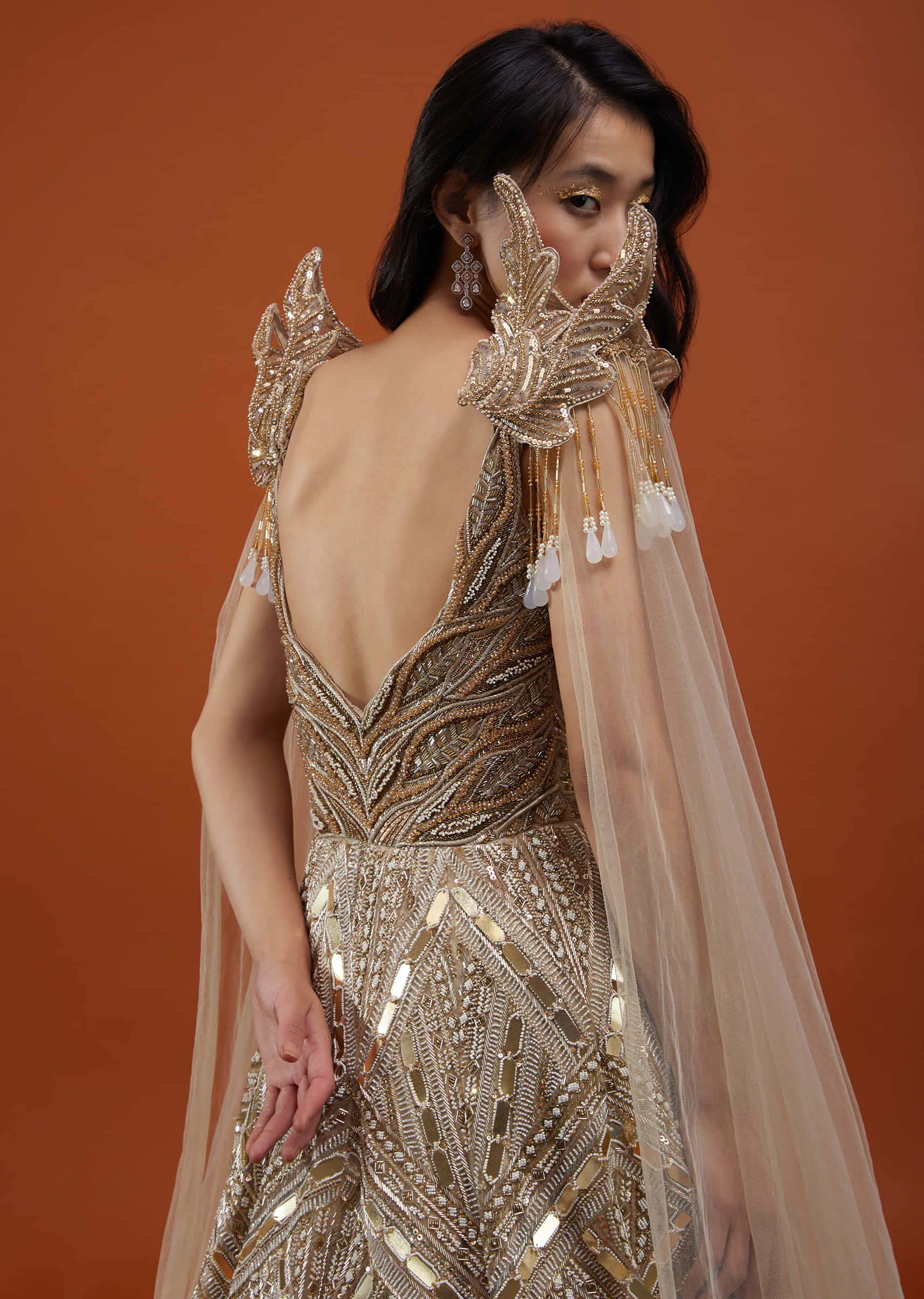 Champagne Gold Divine Net Fabricated Gown With Ruffle Frill Adornment - NOOR 2022